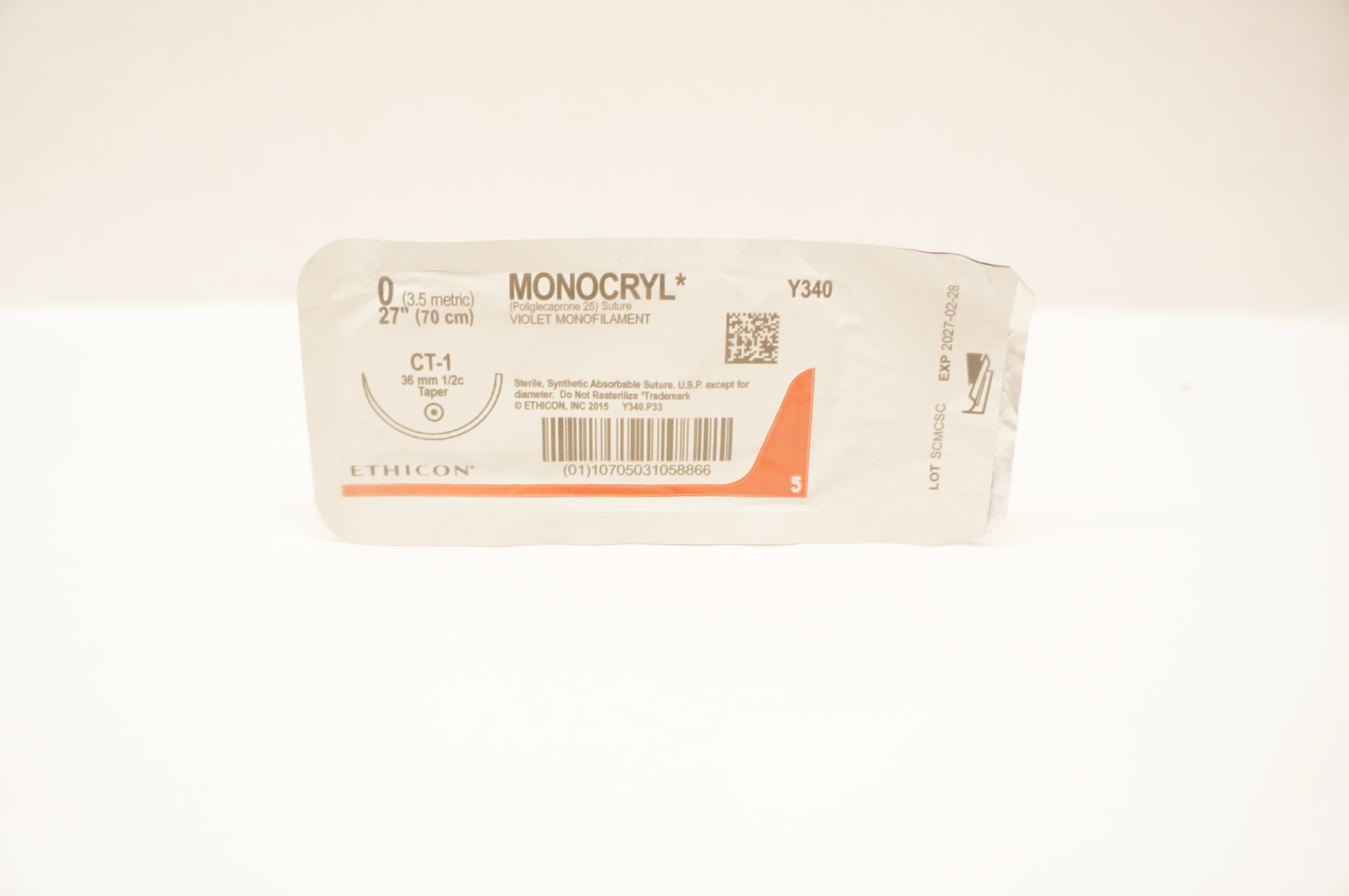 Ethicon Y340 0 MONOCRYL Violet Monofilament Stre CT-1 36mm 1/2c Taper, 27inch