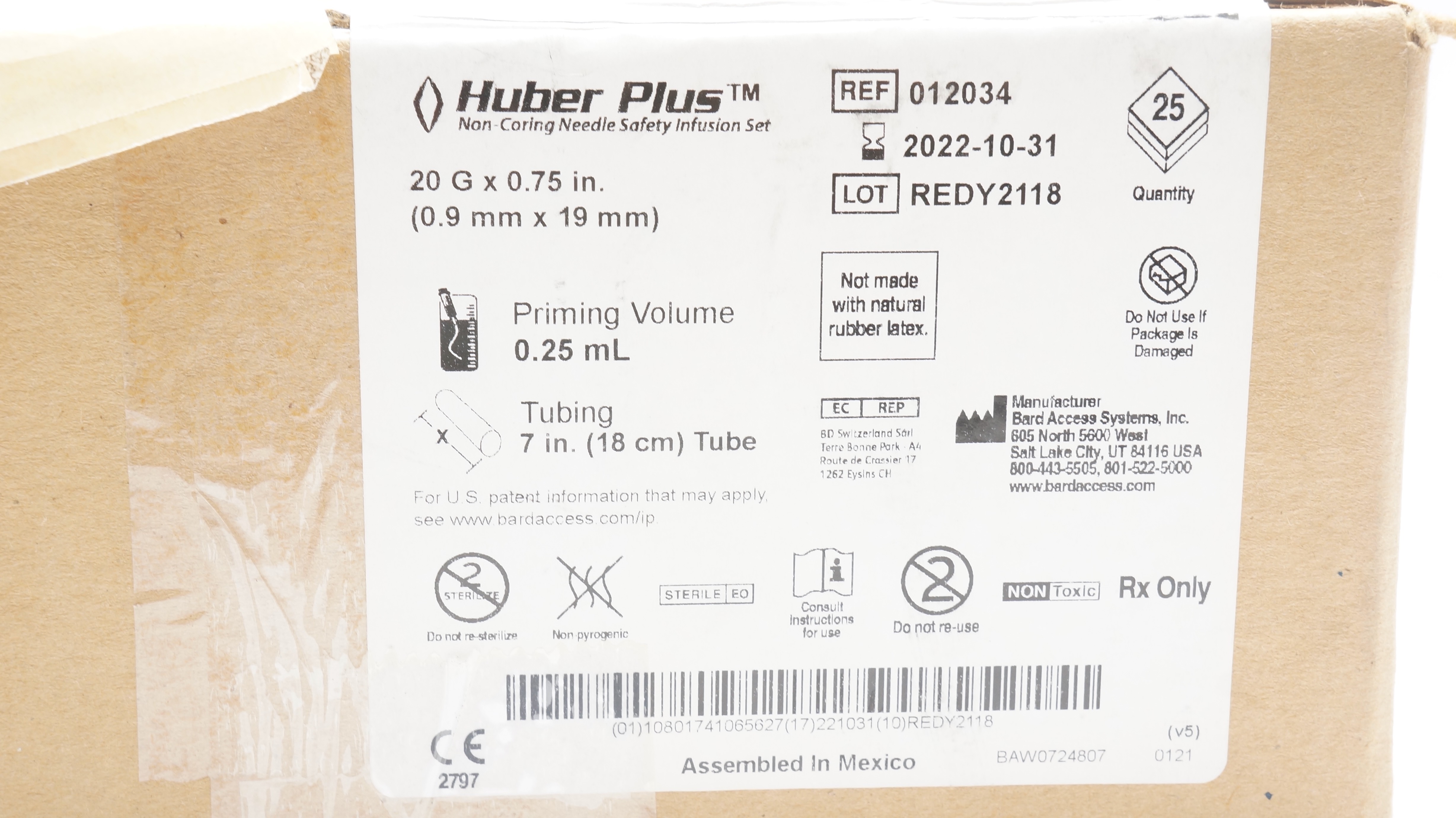 Bard 012034 Huber Plus Ndle Safety Infusion Set 20G x 3/4inch (x) - Box of 25