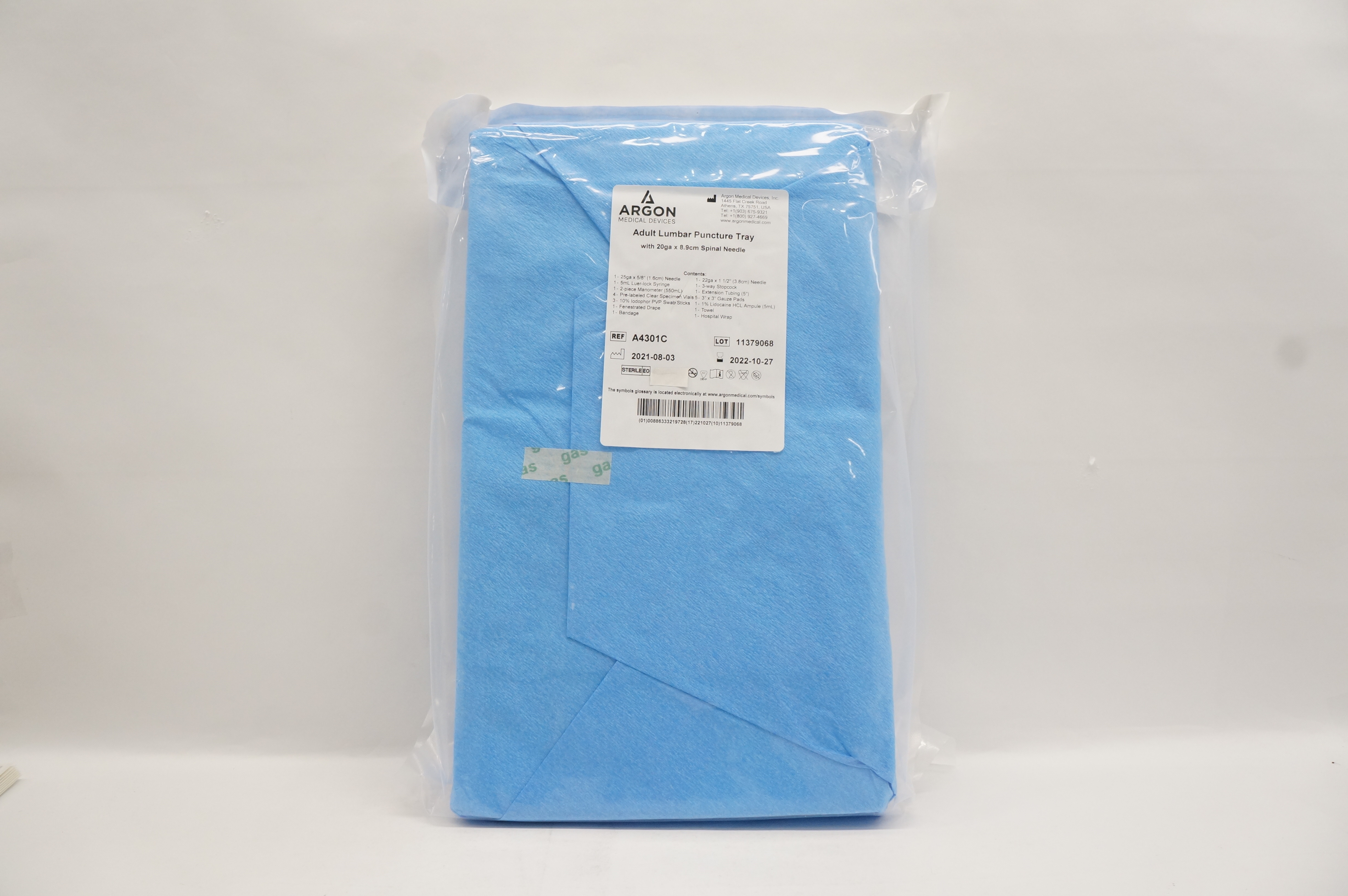 Argon A4301C Adult Lumbar Puncture Tray with 20ga x 8.9cm Spinal Ndle (x)