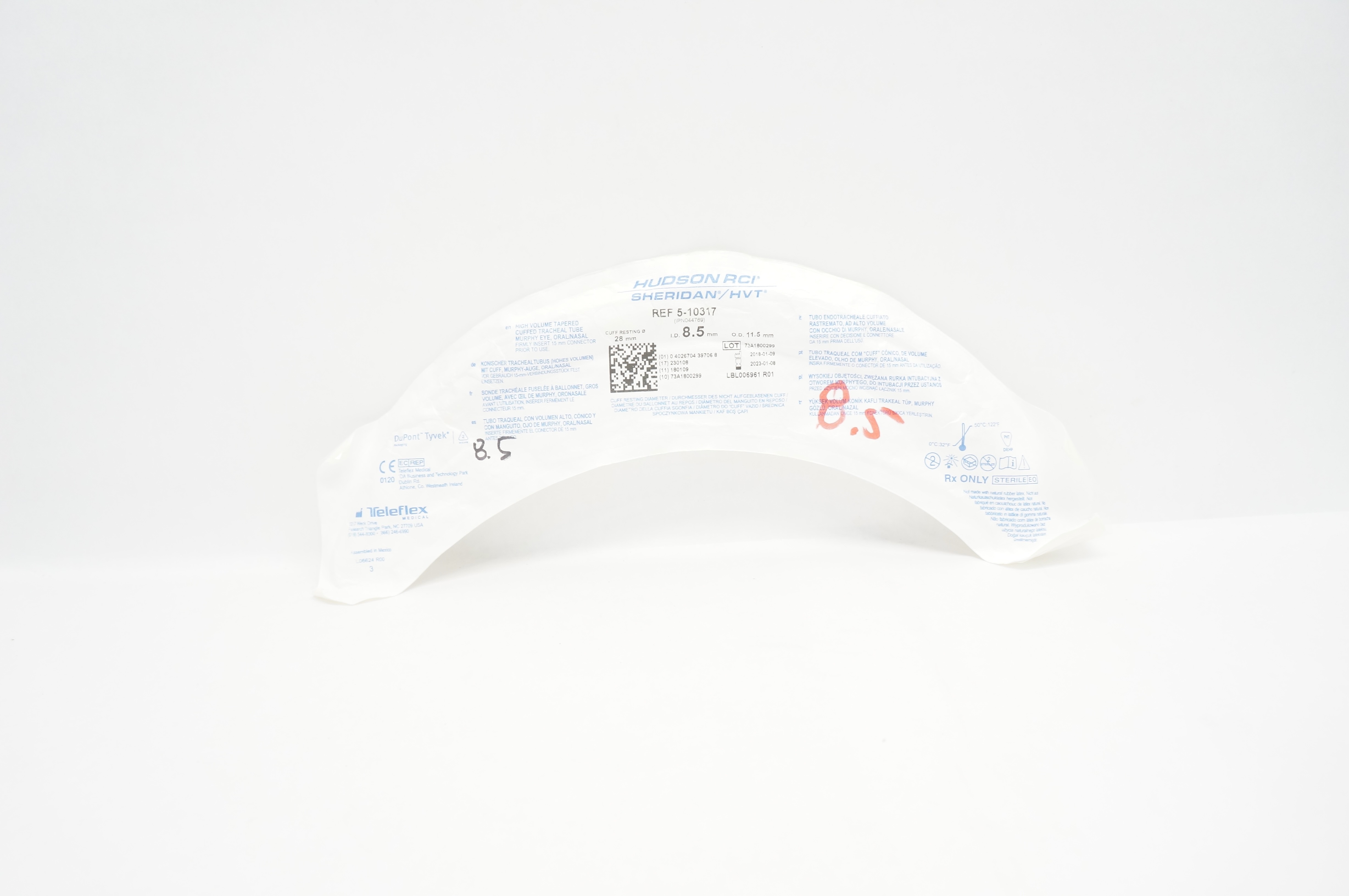 Teleflex 5-10317 High Volume Tapered Cuffed Tracheal Tube 8.5mm ID x 11.5mm OD