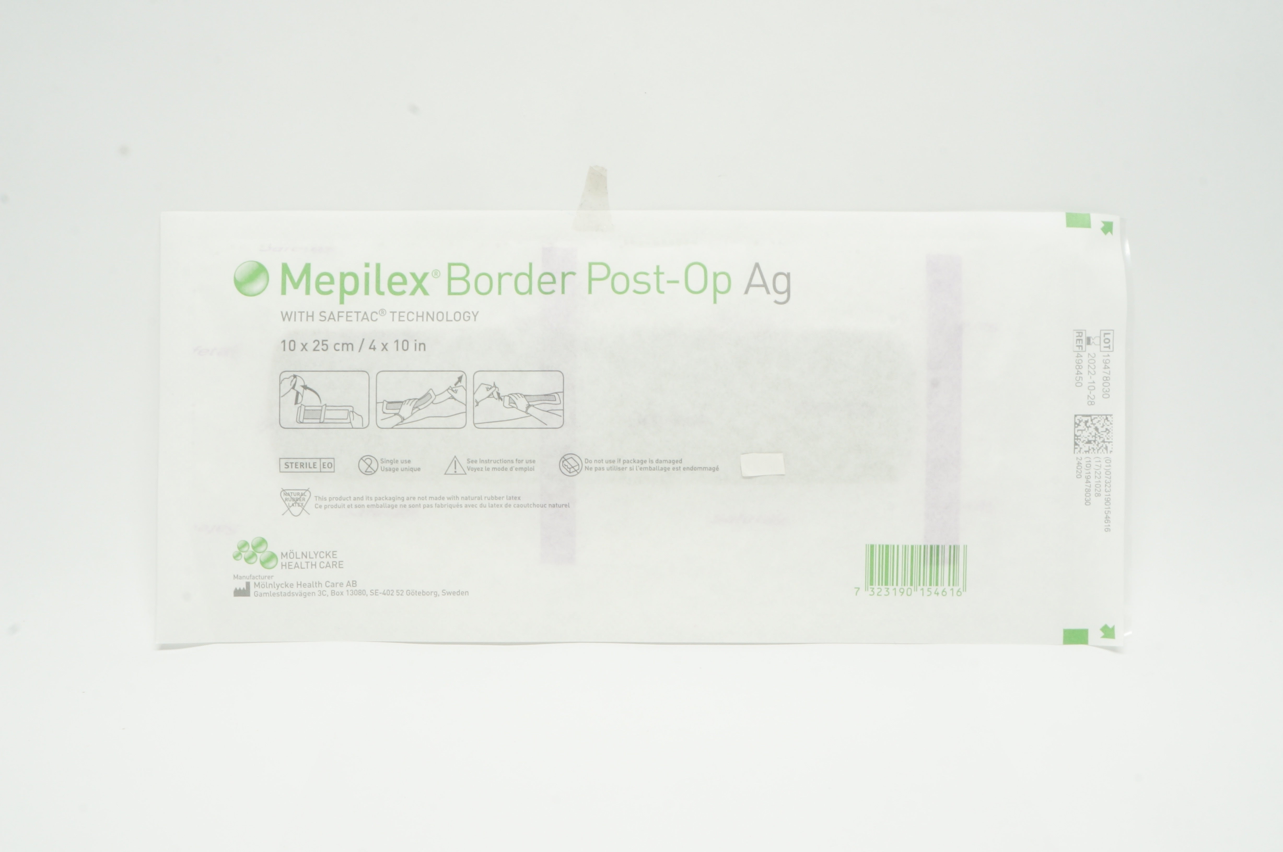 Mölnlycke 498450 Mepilex Border Post-Op Ag, with Safetac Technology 4in x 10in