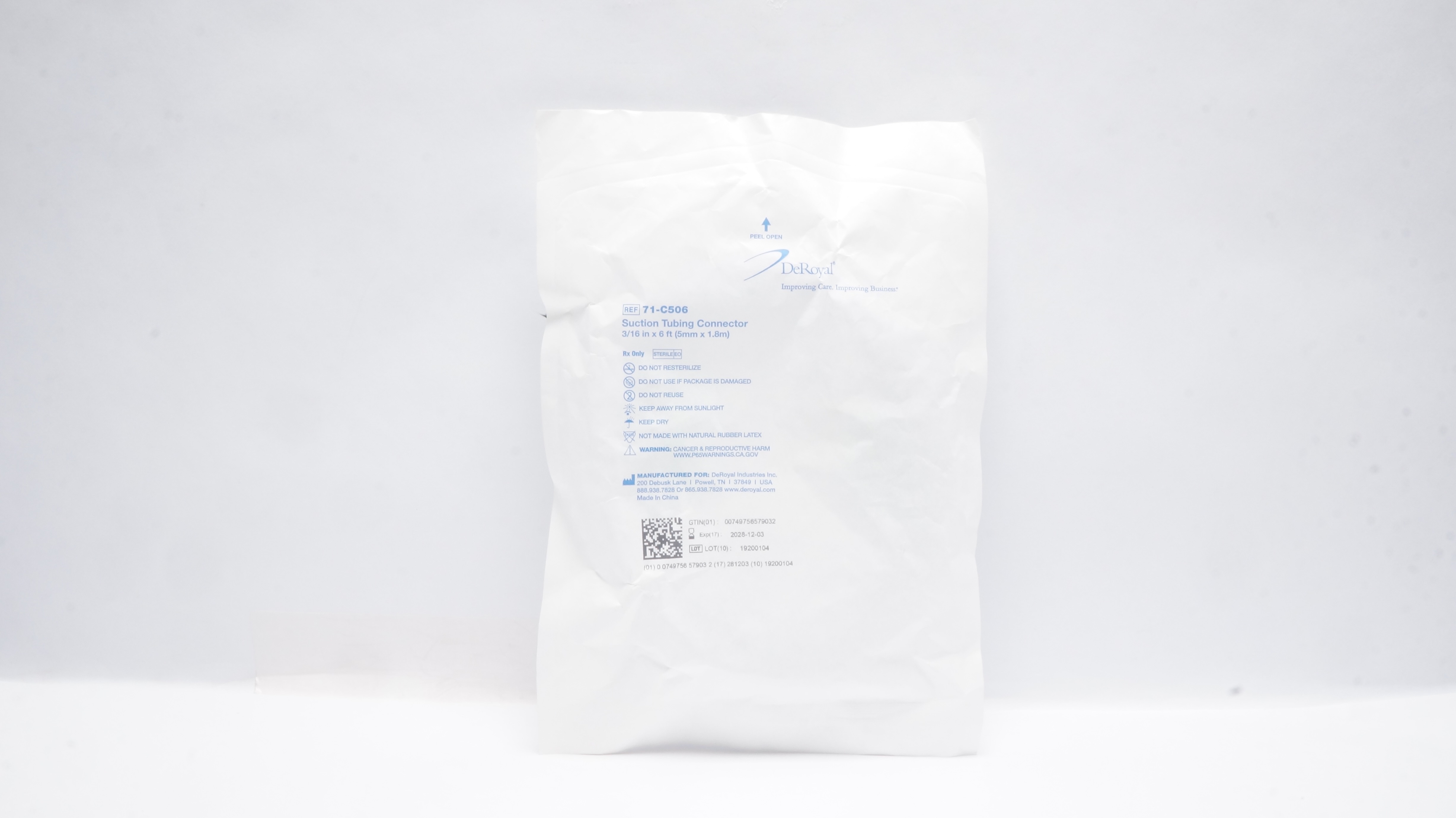 DeRoyal 71-C506 Suction Tubing Connector 3/16 inch x 6 ft