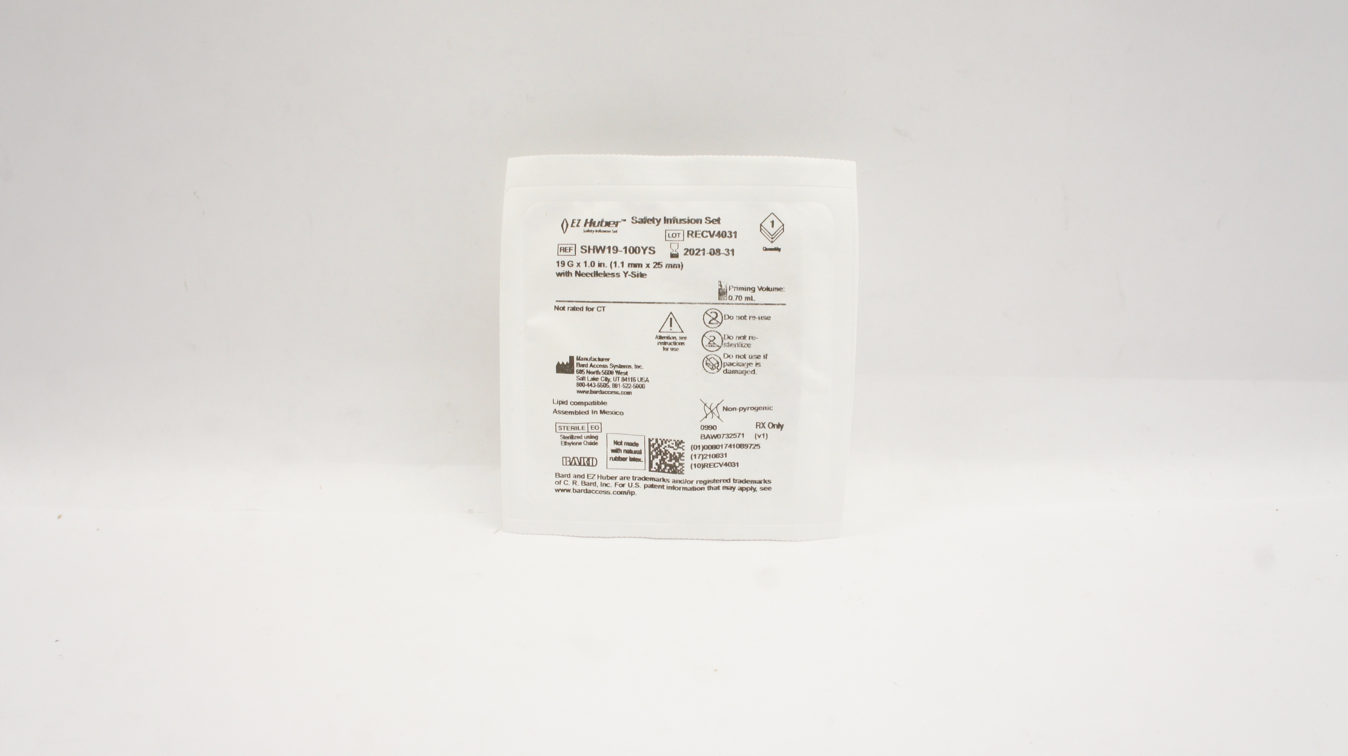 Bard SHW19-100YS EZ Huber Safety Infusion Set 19G x 1.0inch Prim.Vol. 0.70mL (x)