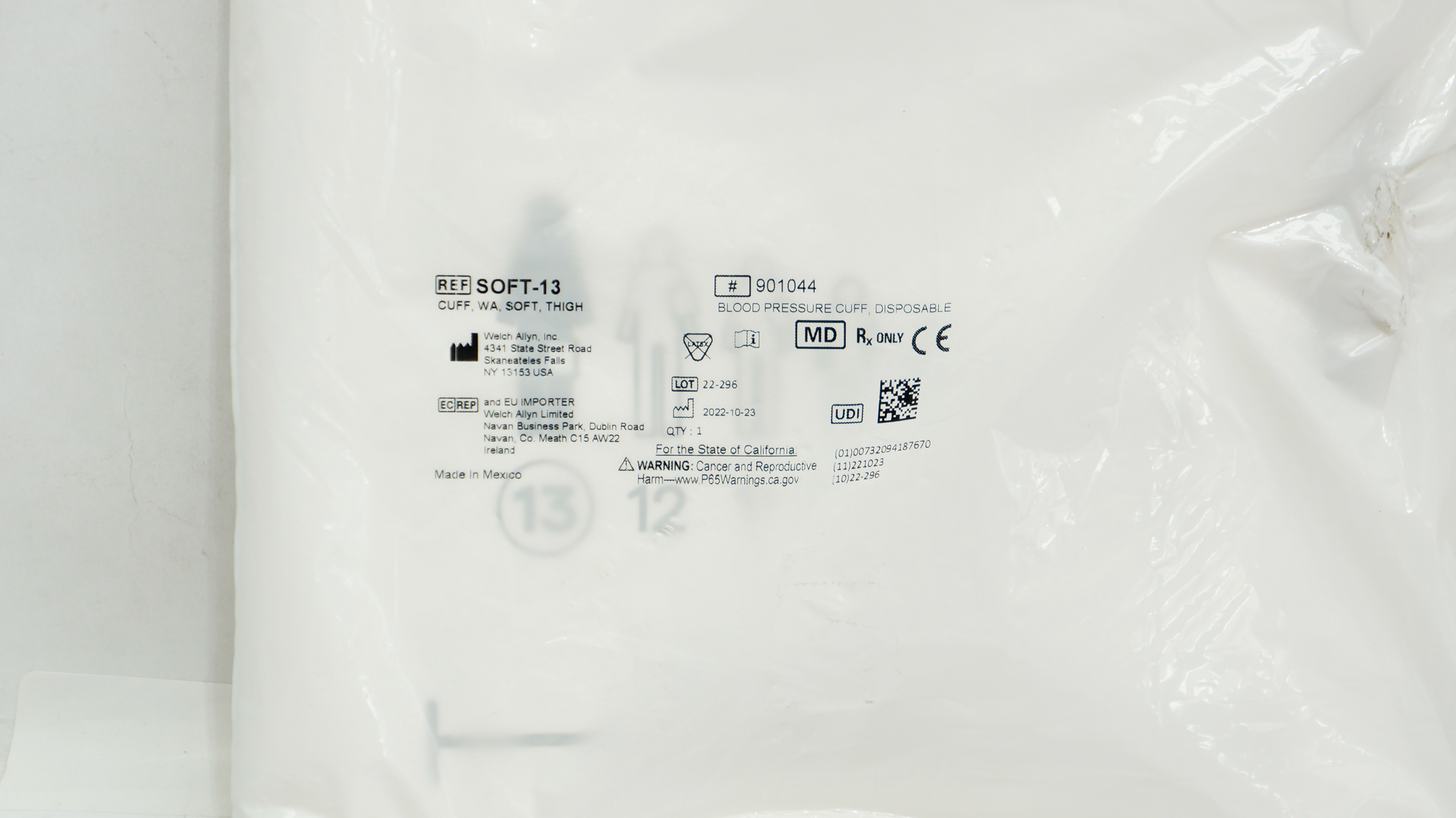 WelchAllyn 901044 SOFT-13 FlexiPort Disposable Blood Pressure Cuff,  Thigh 13