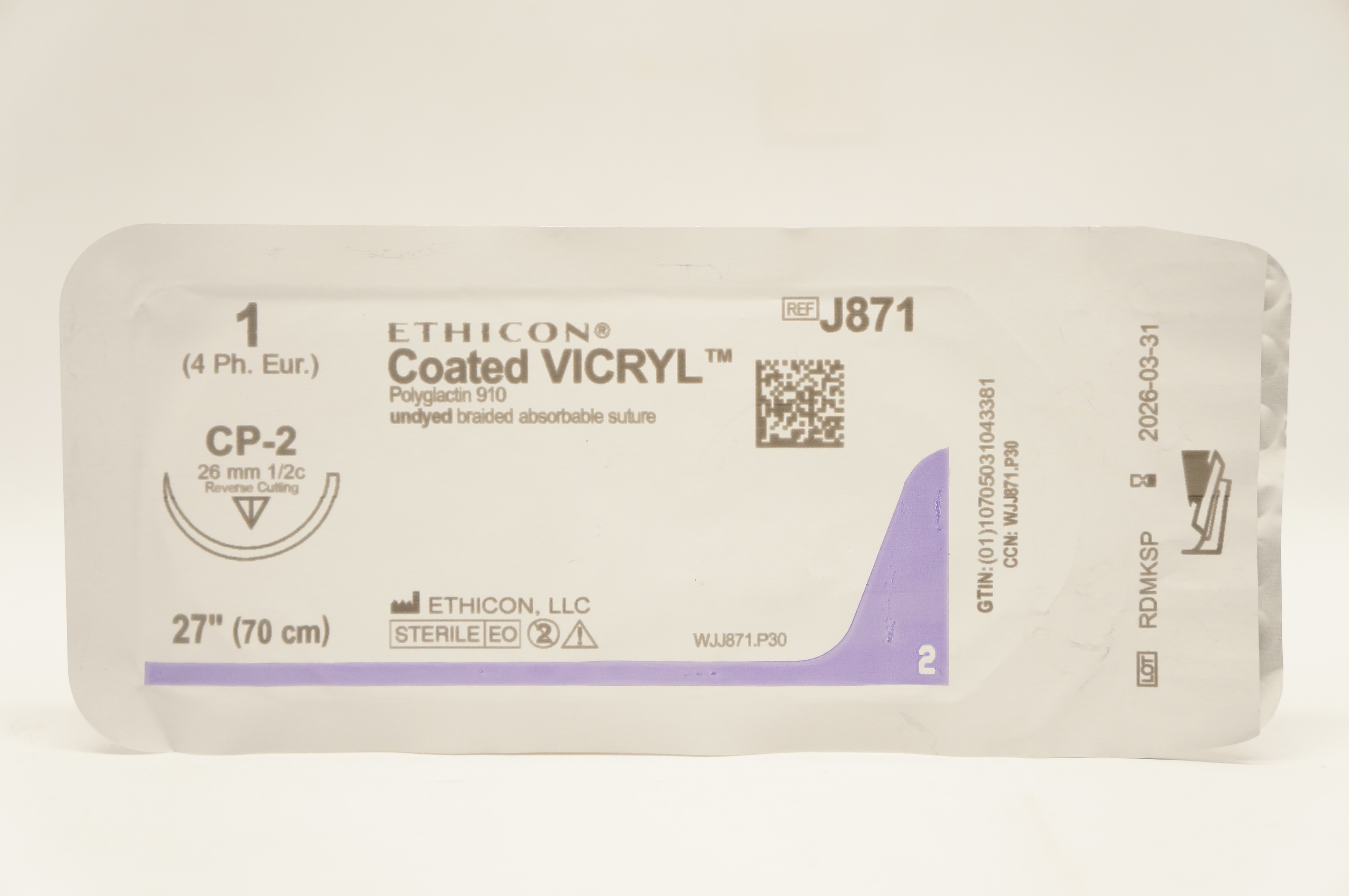 Ethicon J871 1 Coated VICRYL Stre CP-2 26mm 1/2c Reverse Cutting, 27in