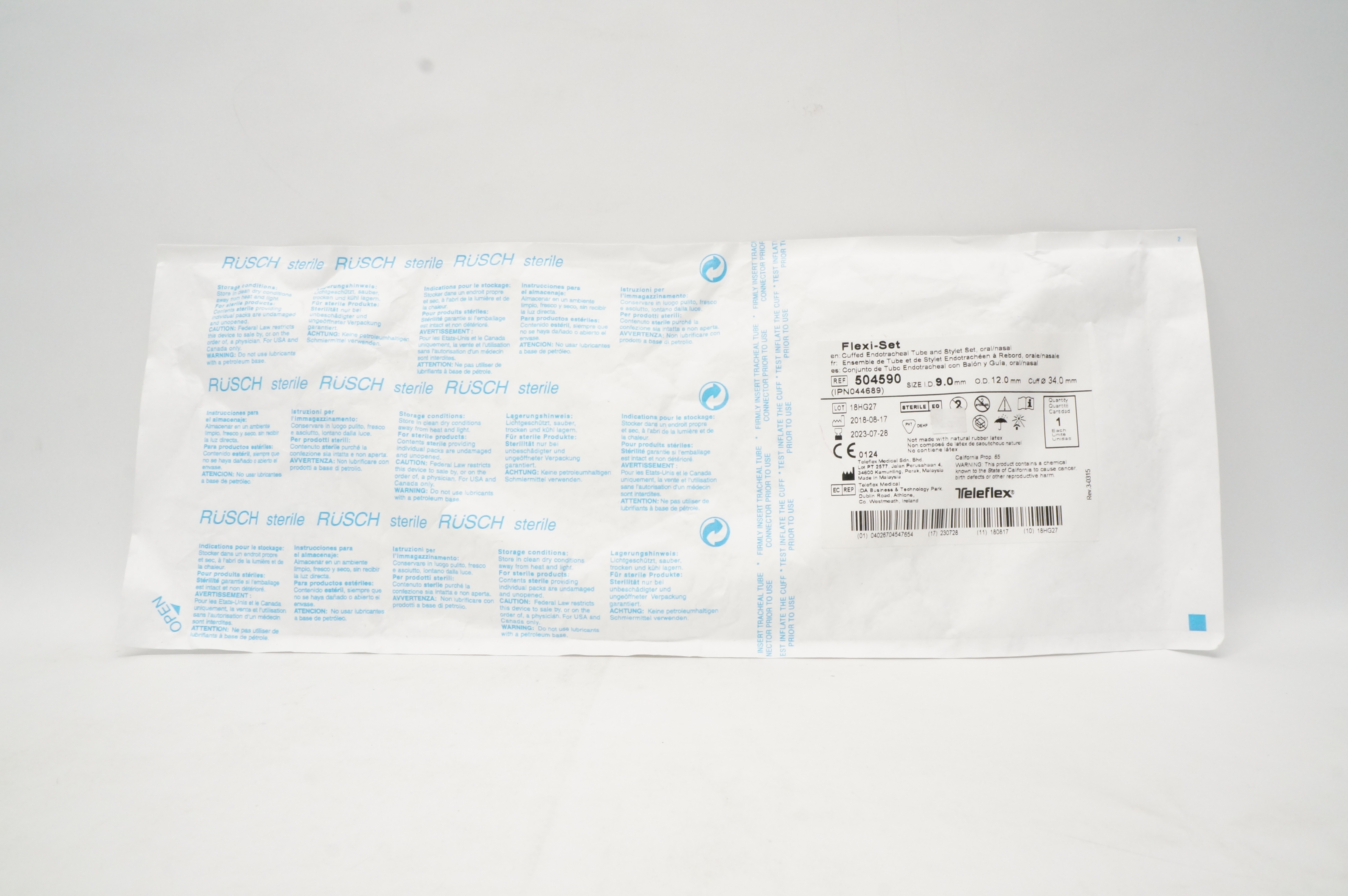 Teleflex 504590 Cuffed Endotracheal Tube Stylet Set  9 x 12 x 34.0mm