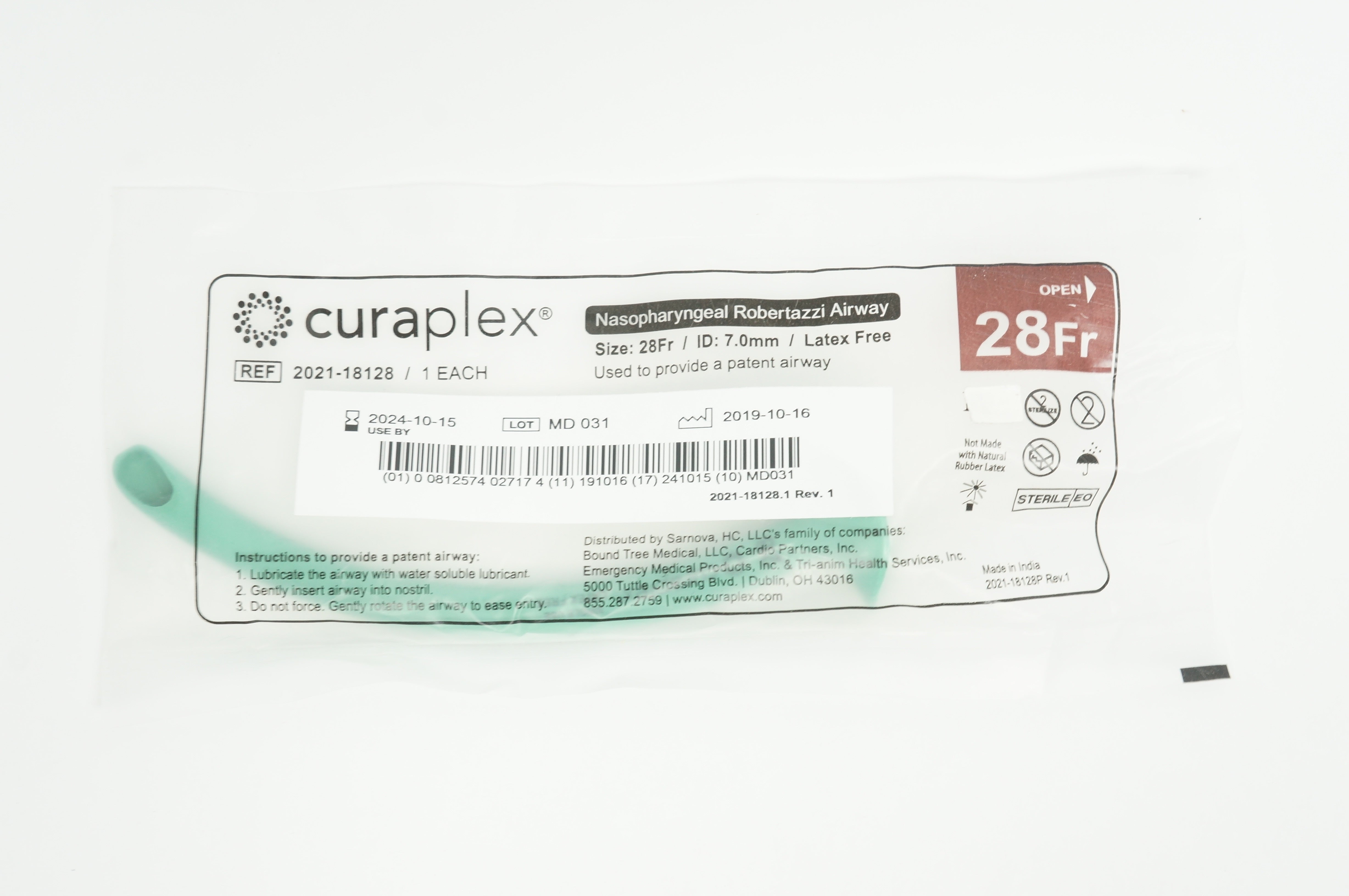 Curaplex 202118128 Nasopharyngeal Robertazzi Airway 28Fr x 7.0mm I.D.