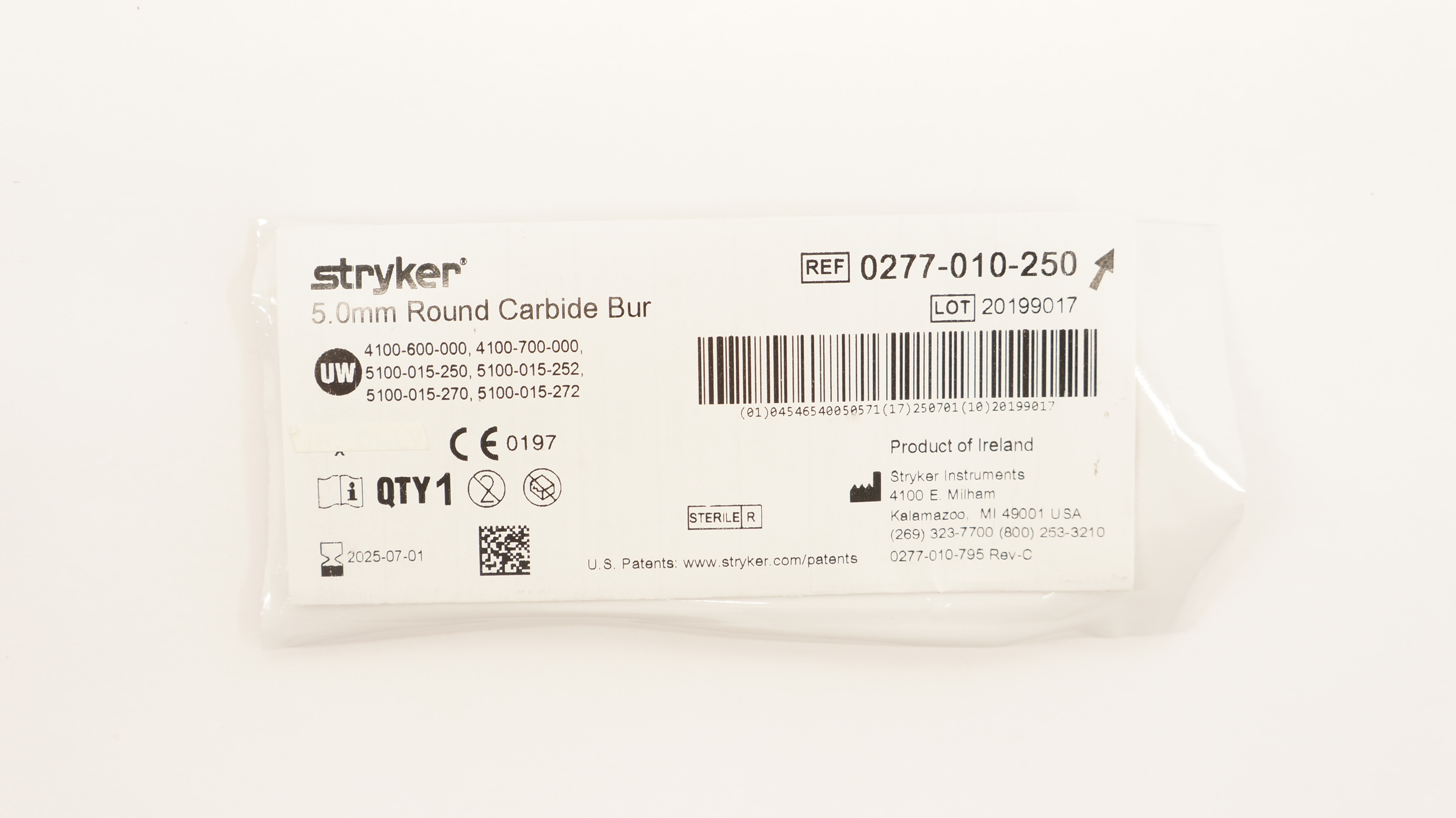 Stryker 0277-010-250 Round Carbide Bur 5.0mm