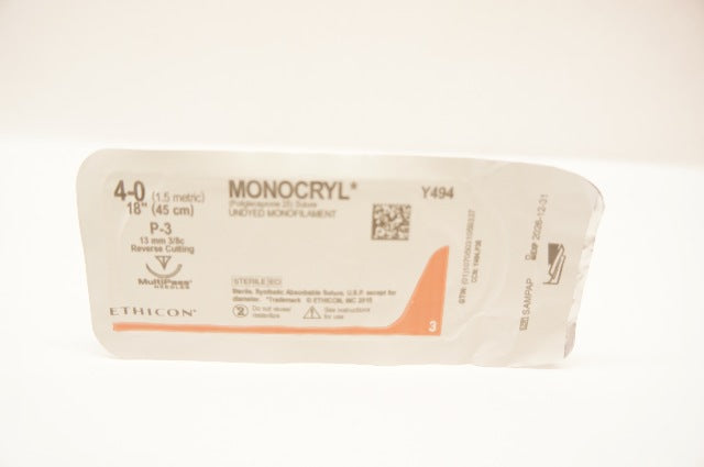 Ethicon Y494 4-0 MONOCRYL Undyed Stre P-3 13mm 3/8c Reverse Cutting 18inch