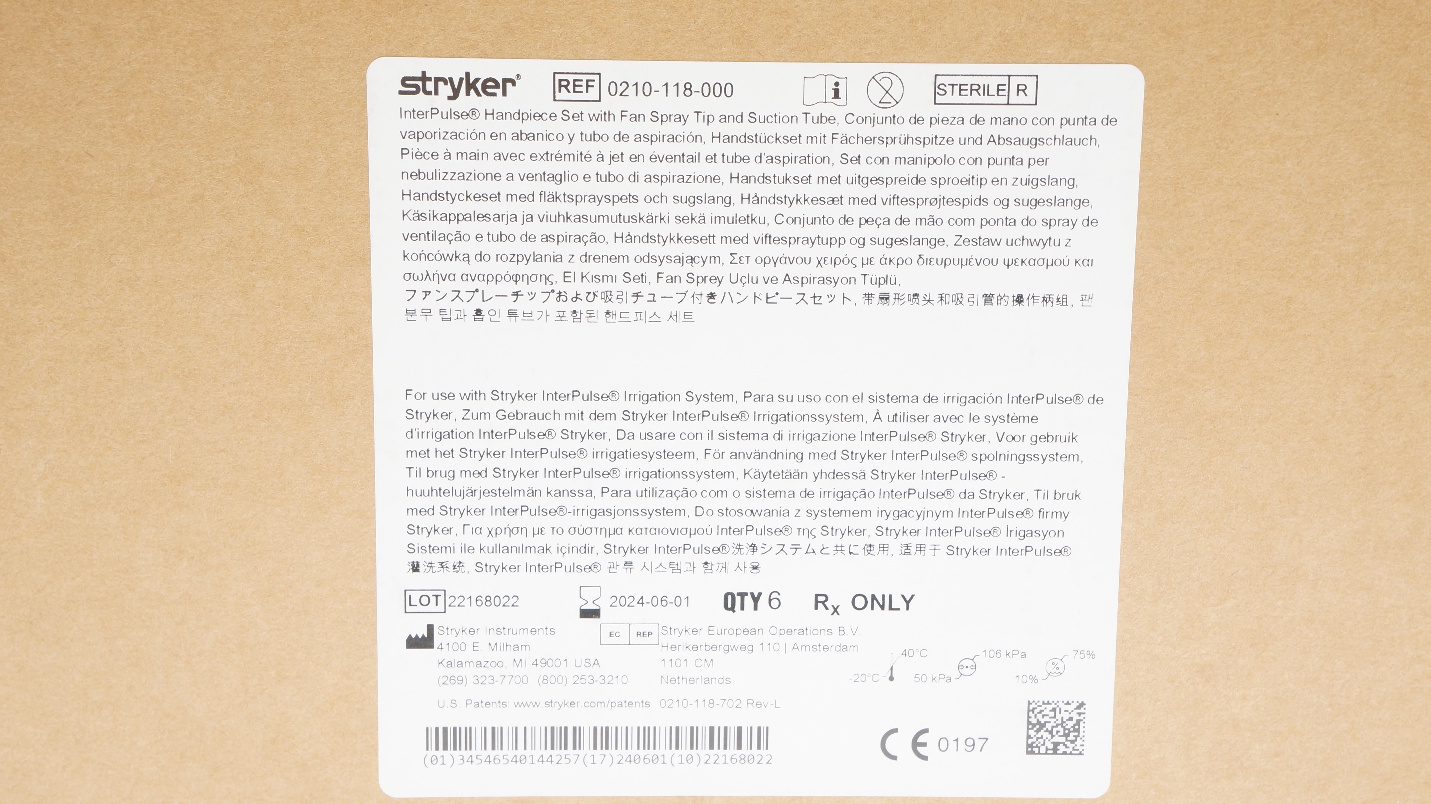 Stryker 0210-118-000 InterPulse Handpiece Set w/Suction Tube (x) - Box of 6