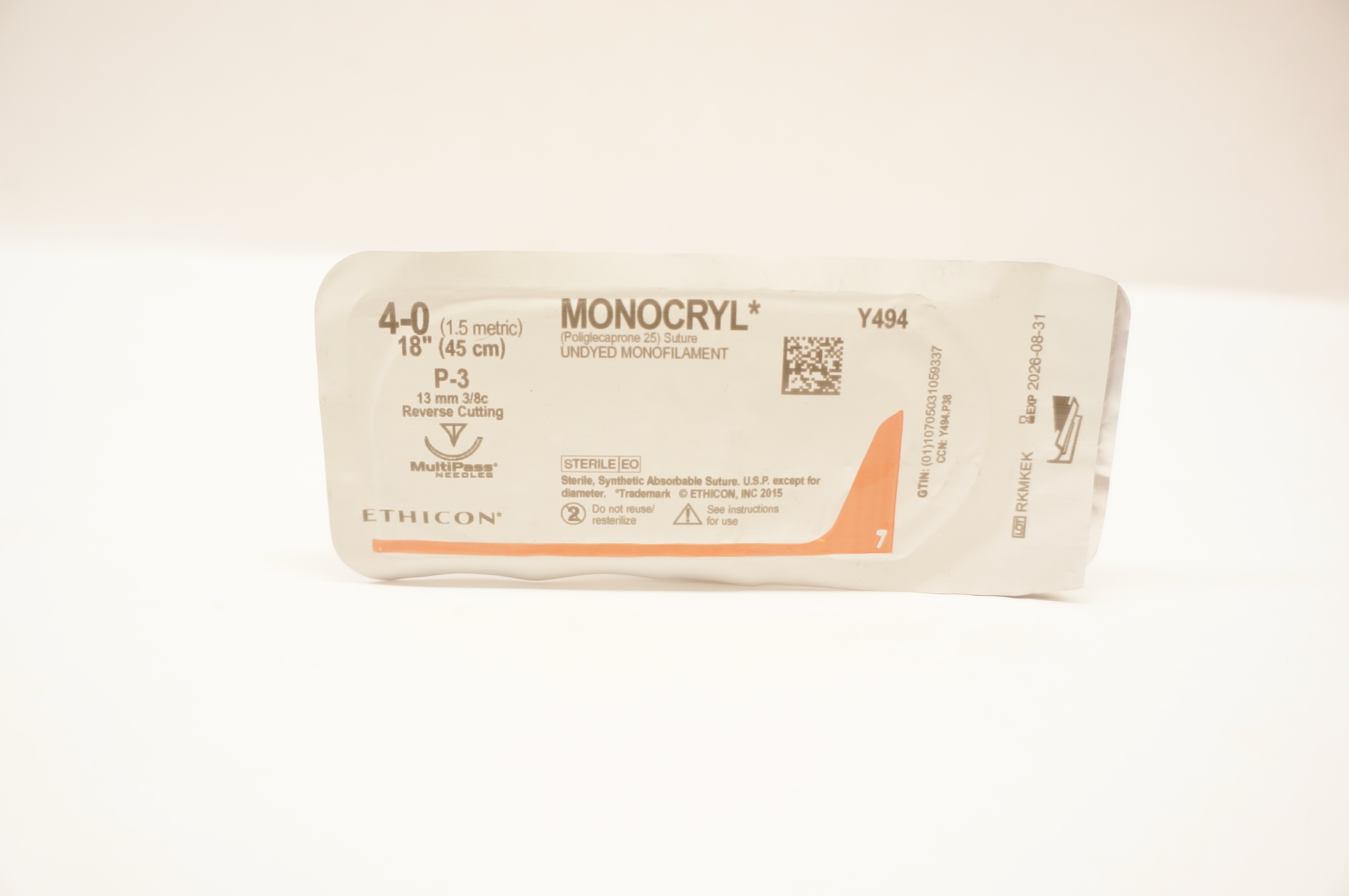 Ethicon Y494 4-0 MONOCRYL Poliglecapron Stre P-3 13mm 3/8c ReverseCutting 18inch