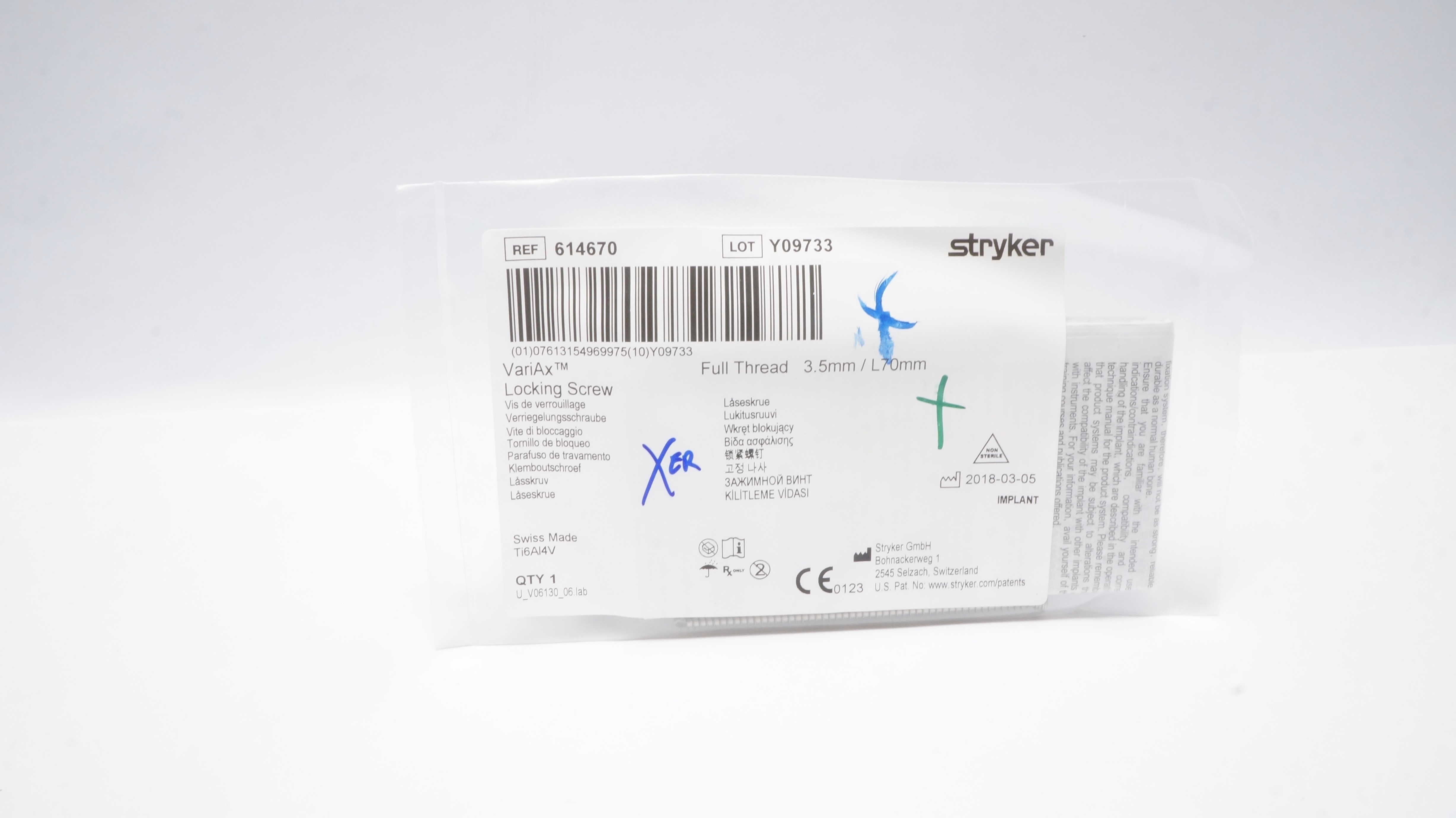 Stryker 614670 VariAx Locking Screw , Full Thread 3.5mm/ L70mm
