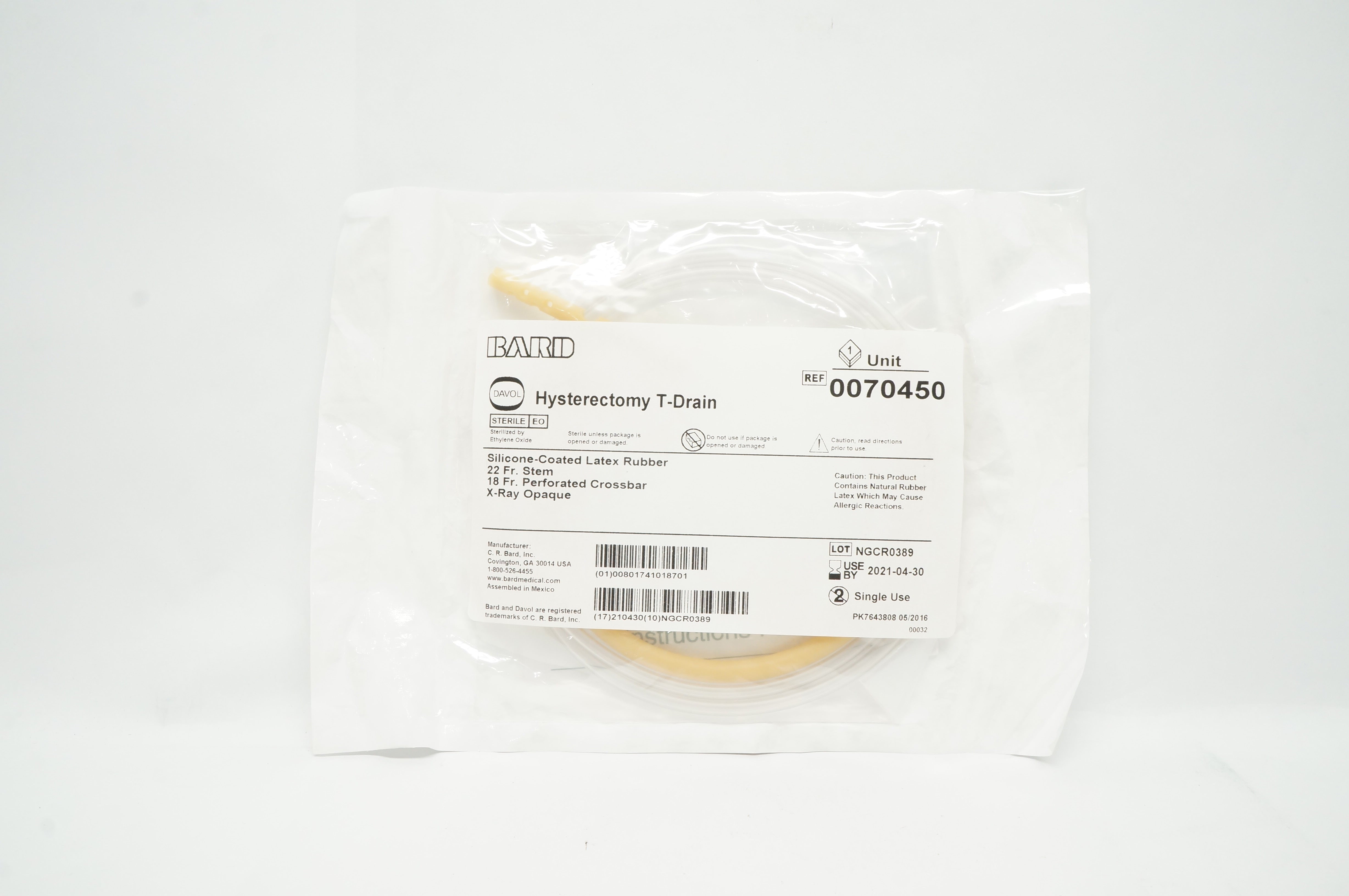 Bard 0070450 Davol Hysterectomy T-Drain 22Fr (x)