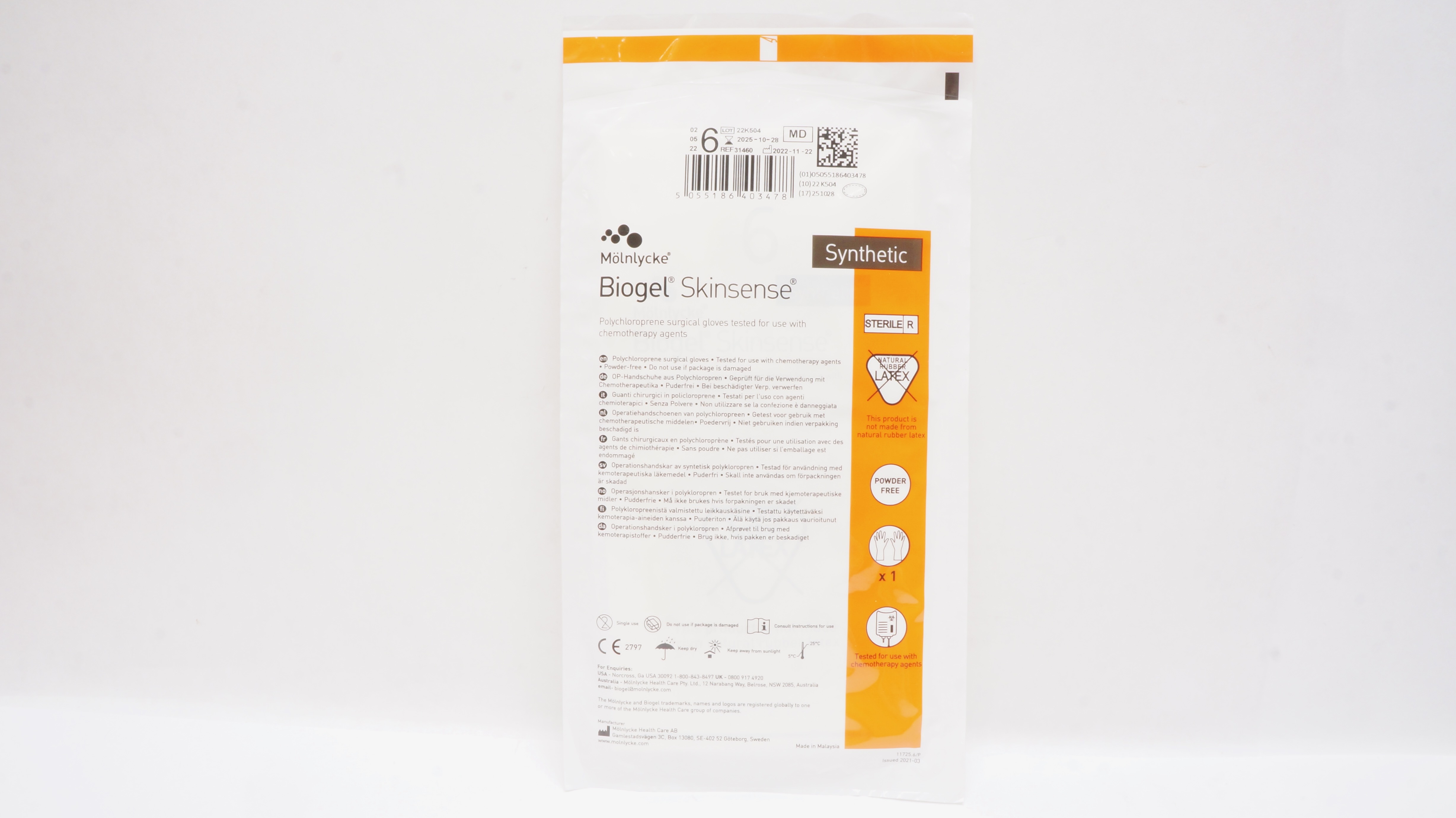 Molnlycke Health Care 31460 Biogel Skinsense Surgical Gloves, Size 6