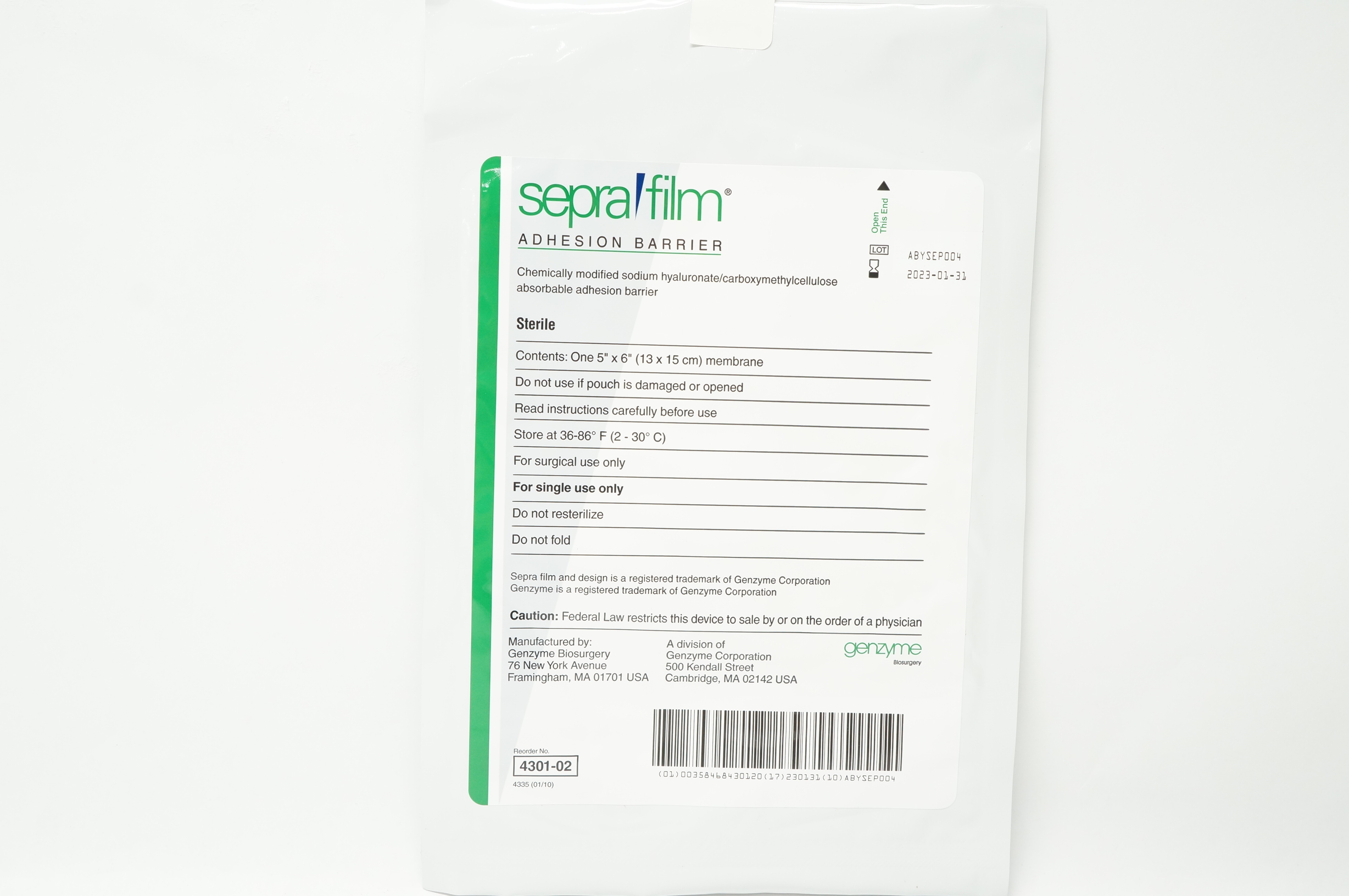 Genzyme 4301-02 Sepra Firm Adhesion Barrier 5inch x 6inch
