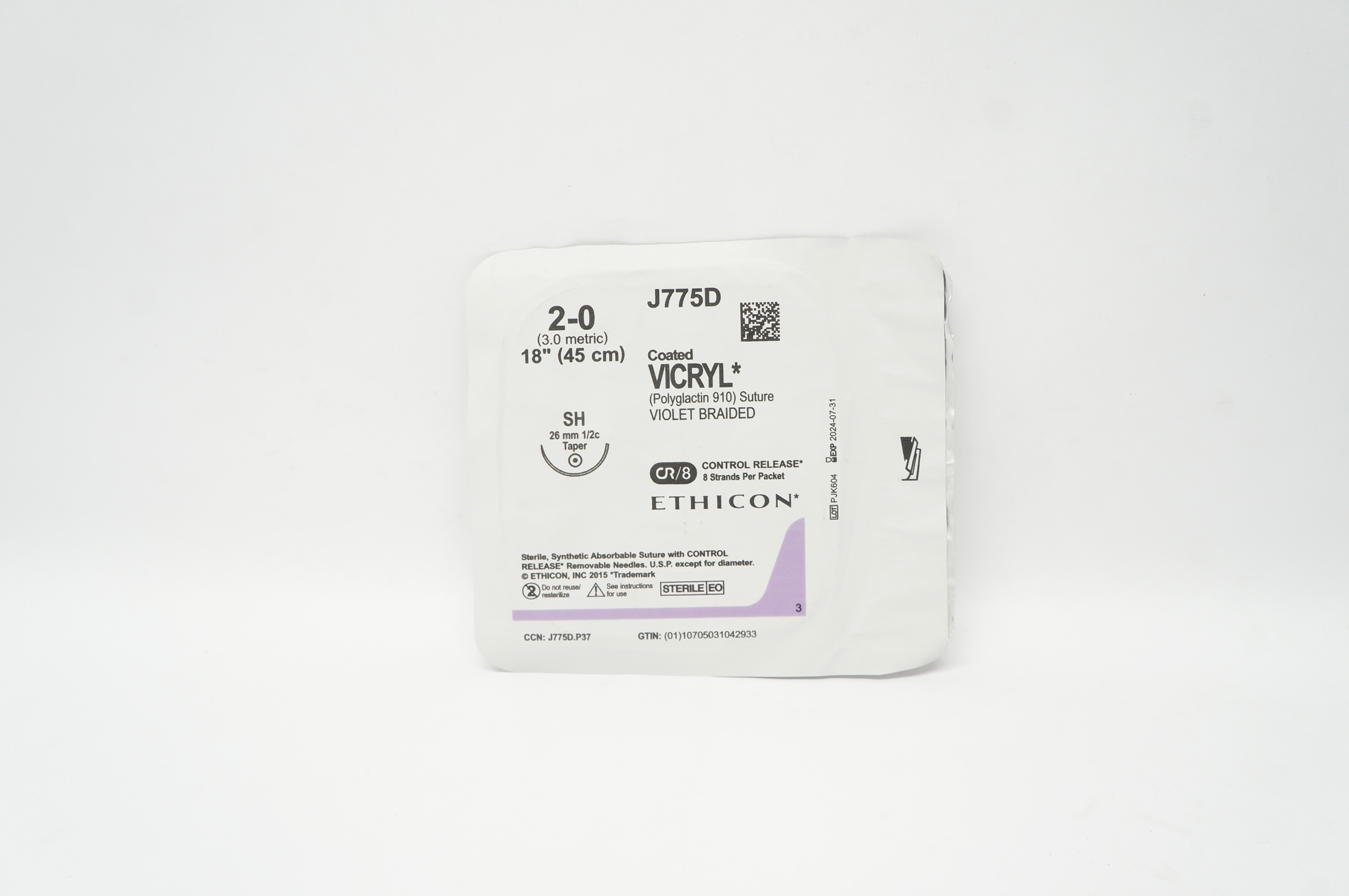 Ethicon J775D 2-0 Coated VICRYL (Polyglactin 910) Stre SH 26mm 1/2c Taper 18inch