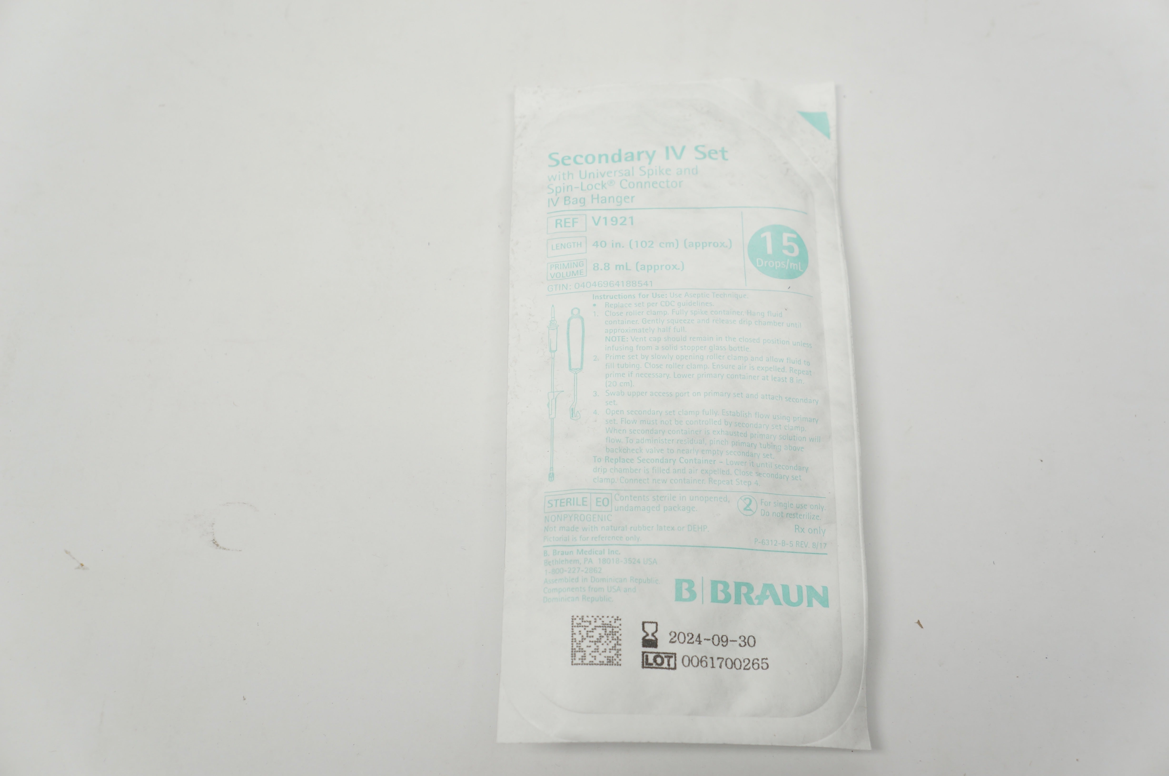 Braun V1921 Secondary IV Transfer Set 15 Drops/mL 40 inch, Priming Volume 8.8mL