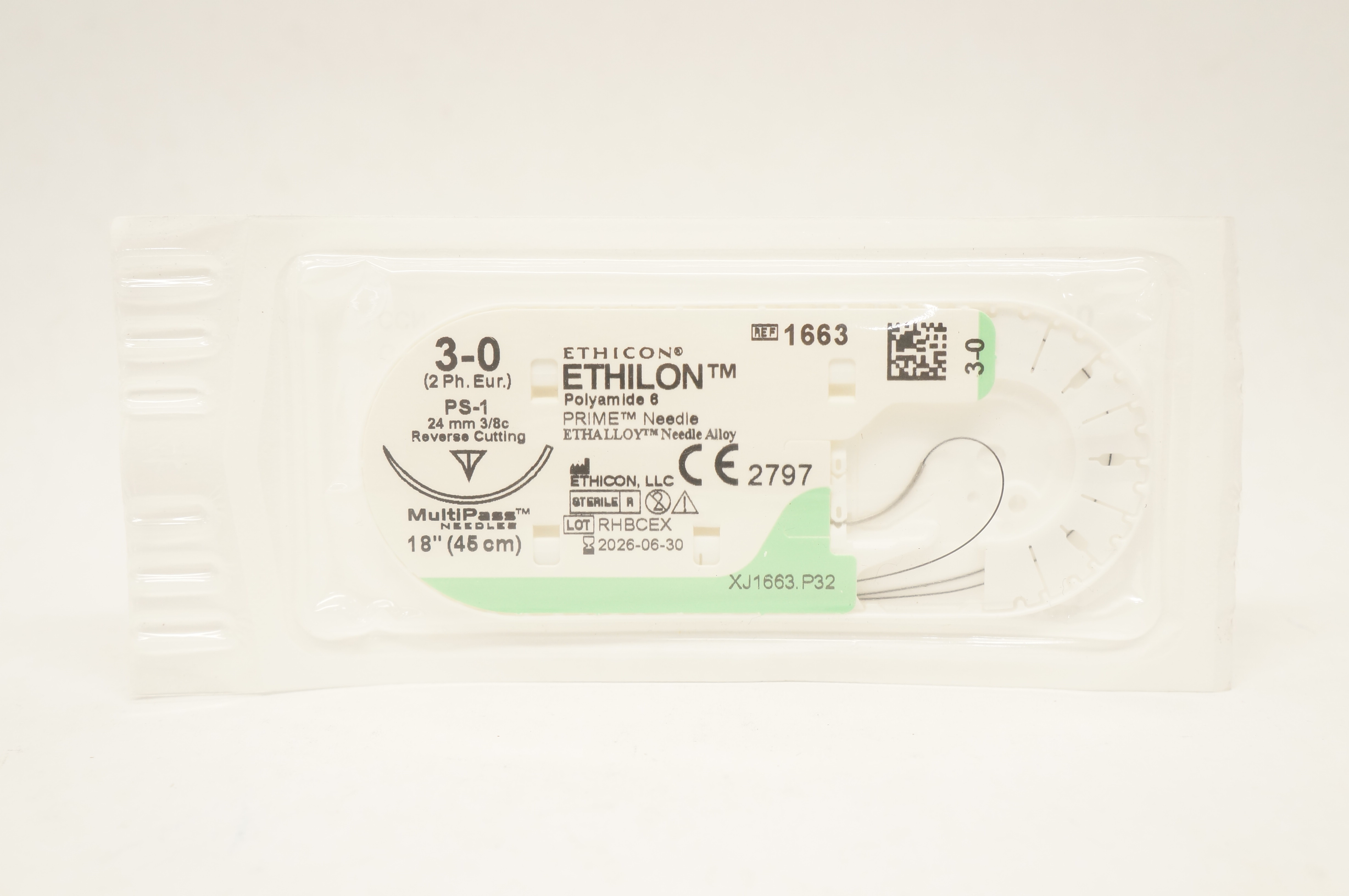 Ethicon 1663 30 Ethilon Polyamide6 Stre PS1 24 mm 3/8c Reverse