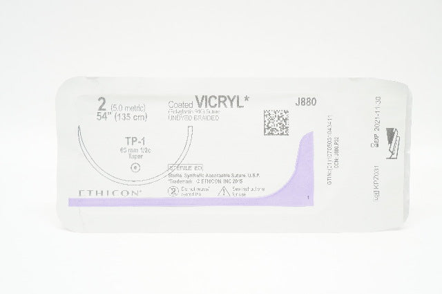 Ethicon J880 Coated Vicryl  Undyed Braided TP-1 65mm 1/2c Taper 54 inch (x)