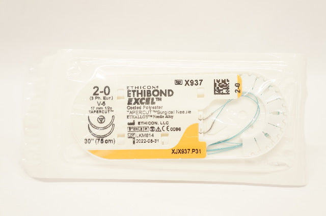Ethicon X937 2-0 ETHIBOND EXCEL, V-5 17mm 1/2c TAPERCUT, Green Braided, 30in