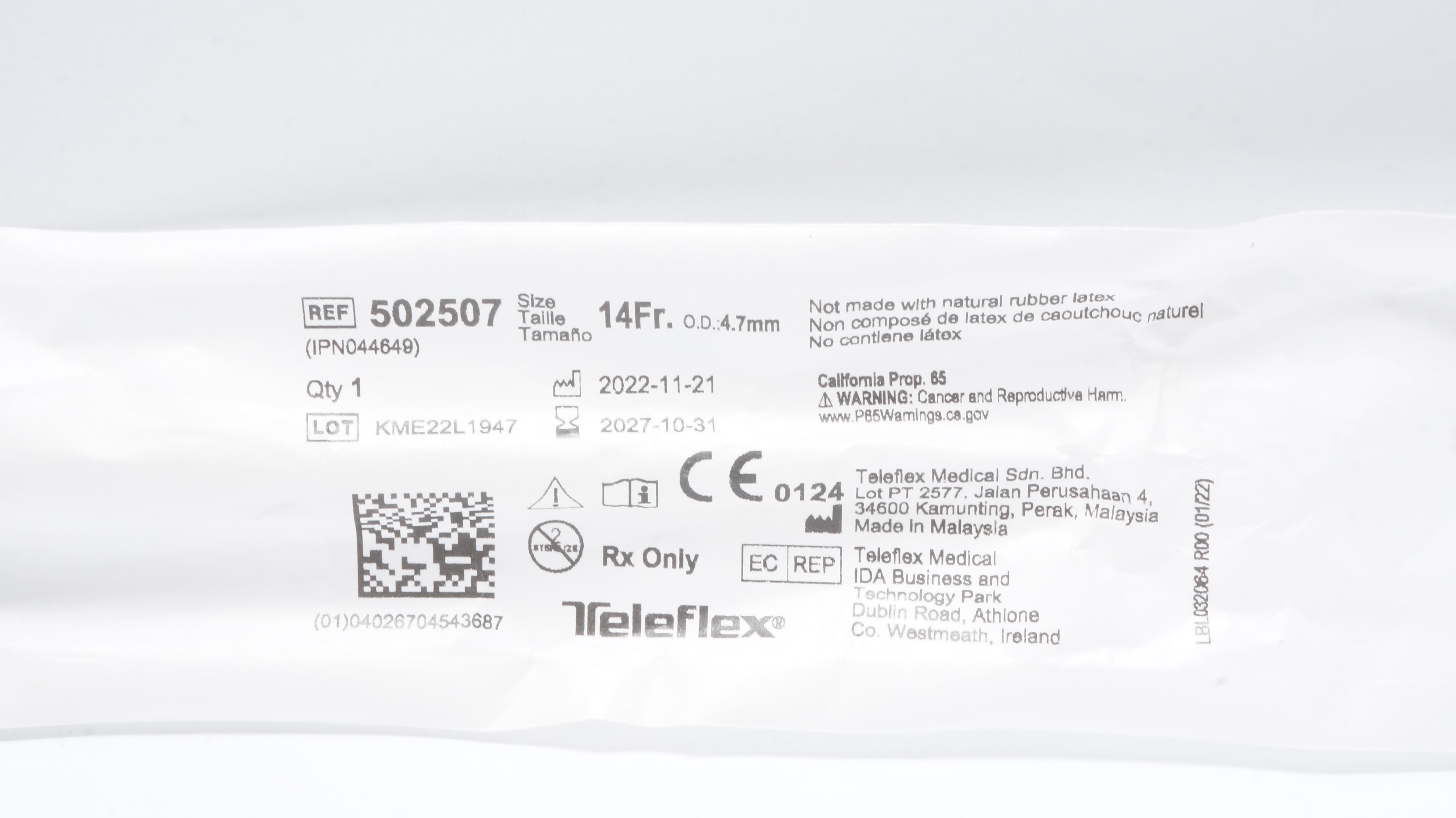 Teleflex 502507 Rusch Flexi-Slip Stylet W/Soft Distal Tip Tube 14Fr x 4.7mm OD