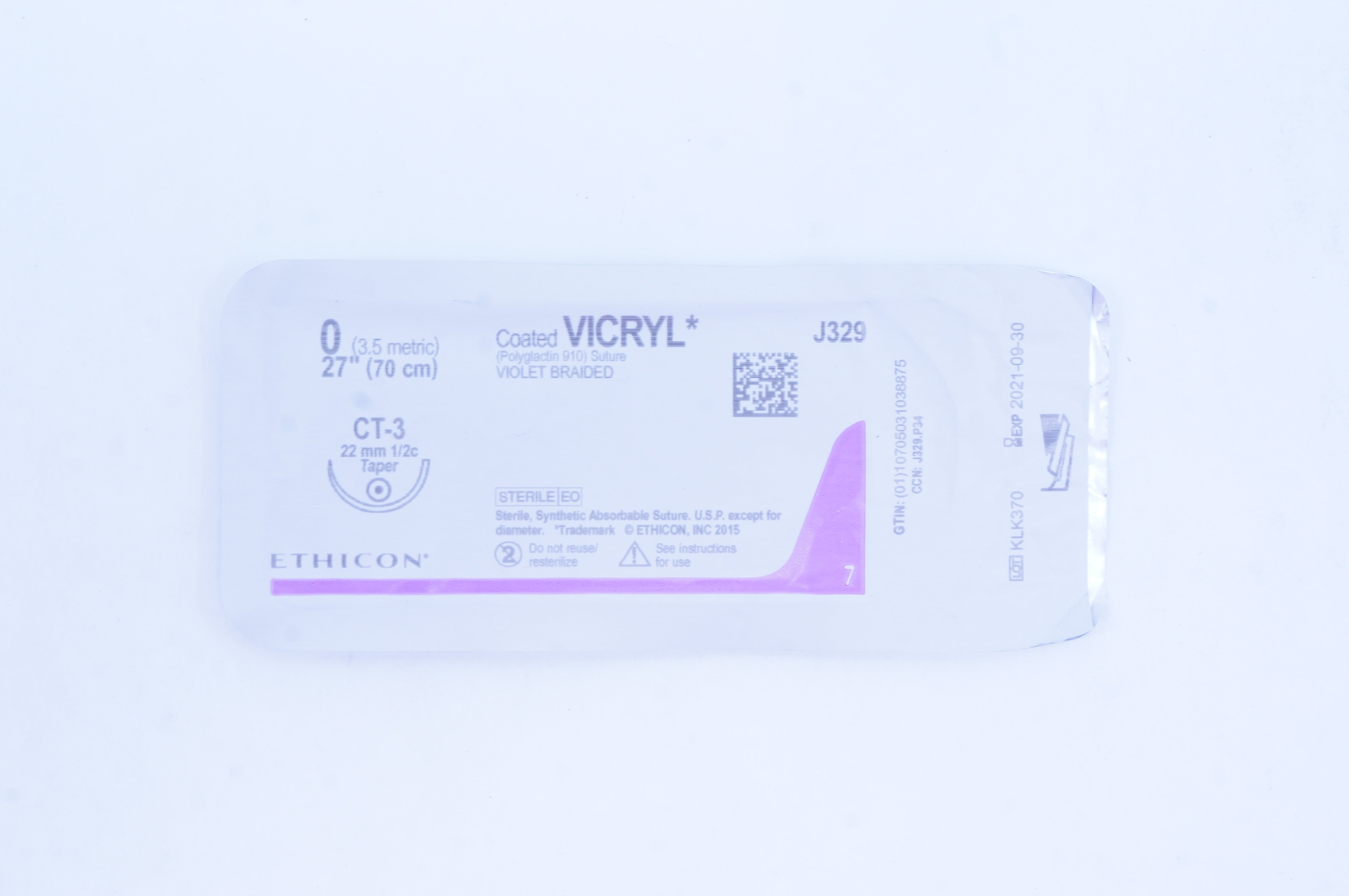 Ethicon J329 0 Coated VICRYL Stre, Violet Braided,CT-3 22mm 1/2c Taper,27in. (x)