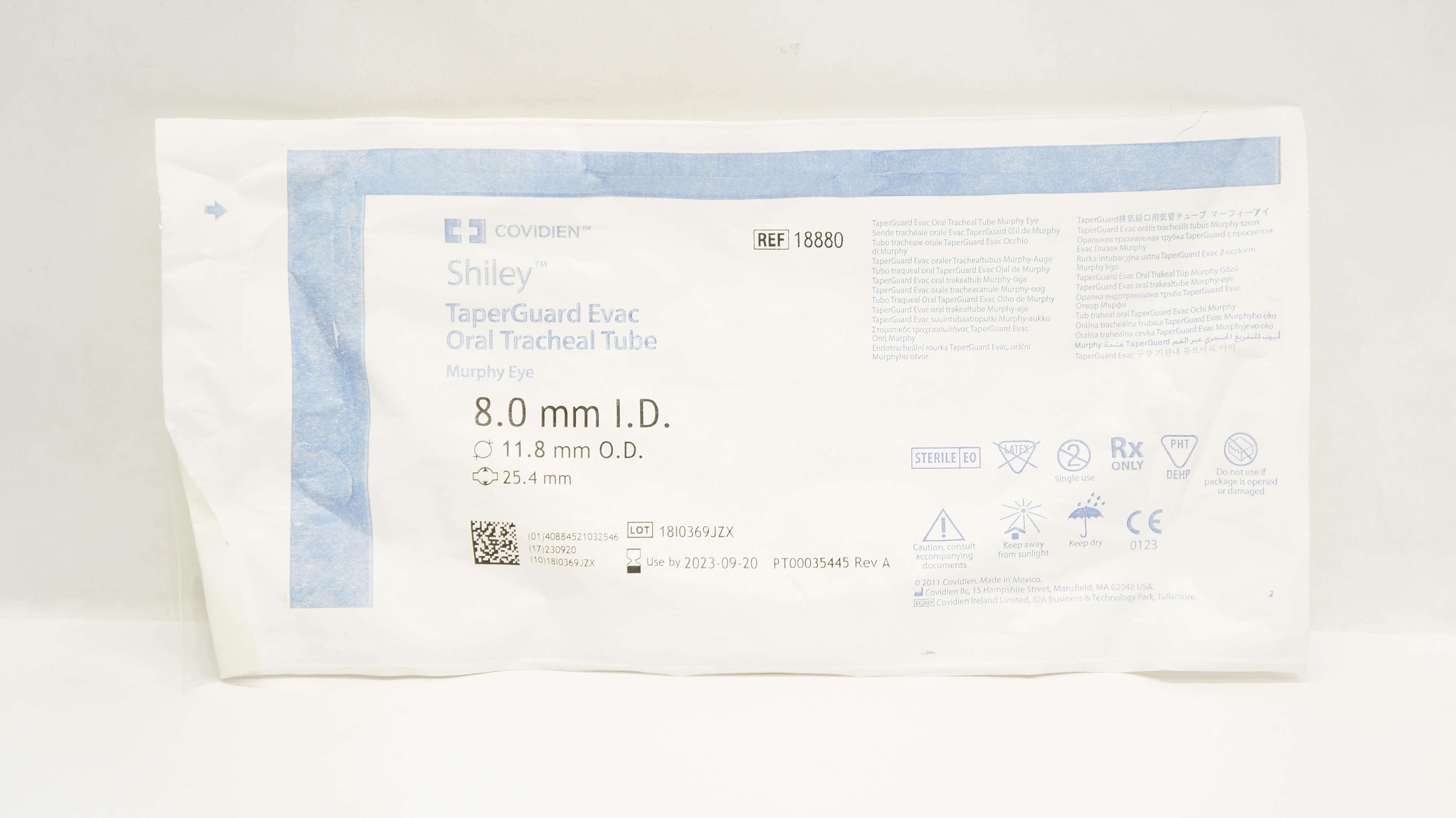 Covidien 18880 Shiley TaperGuard Evac Oral Tracheal Tube 8.0mm ID x 11 ...
