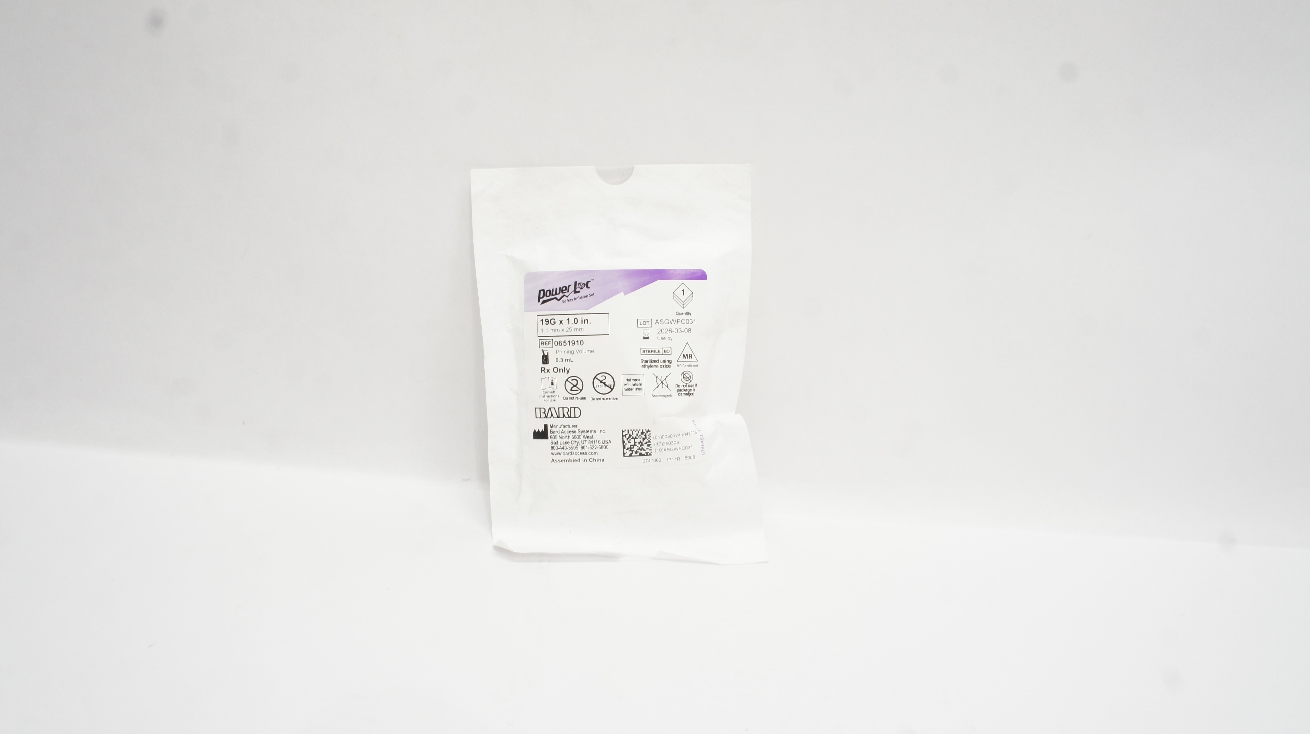 Bard 0651910 PowerLoc Safety Infusion Set 19G x 1.0inch, Priming Volume 0.3mL