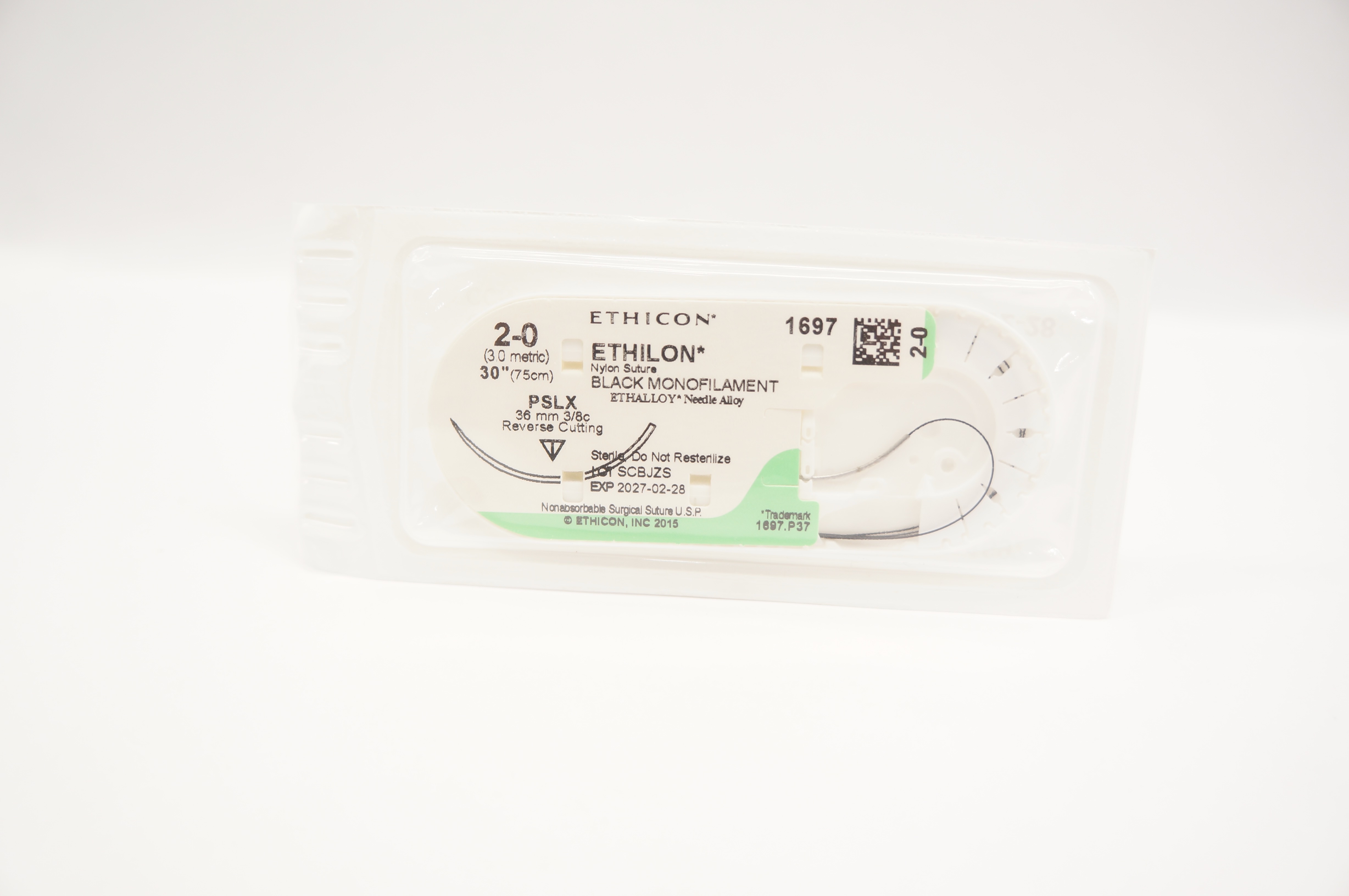 Ethicon 1697 2-0 Ethilon Nylon Stre PSLX 36mm 3/8c Reverse Cutting, 30inch