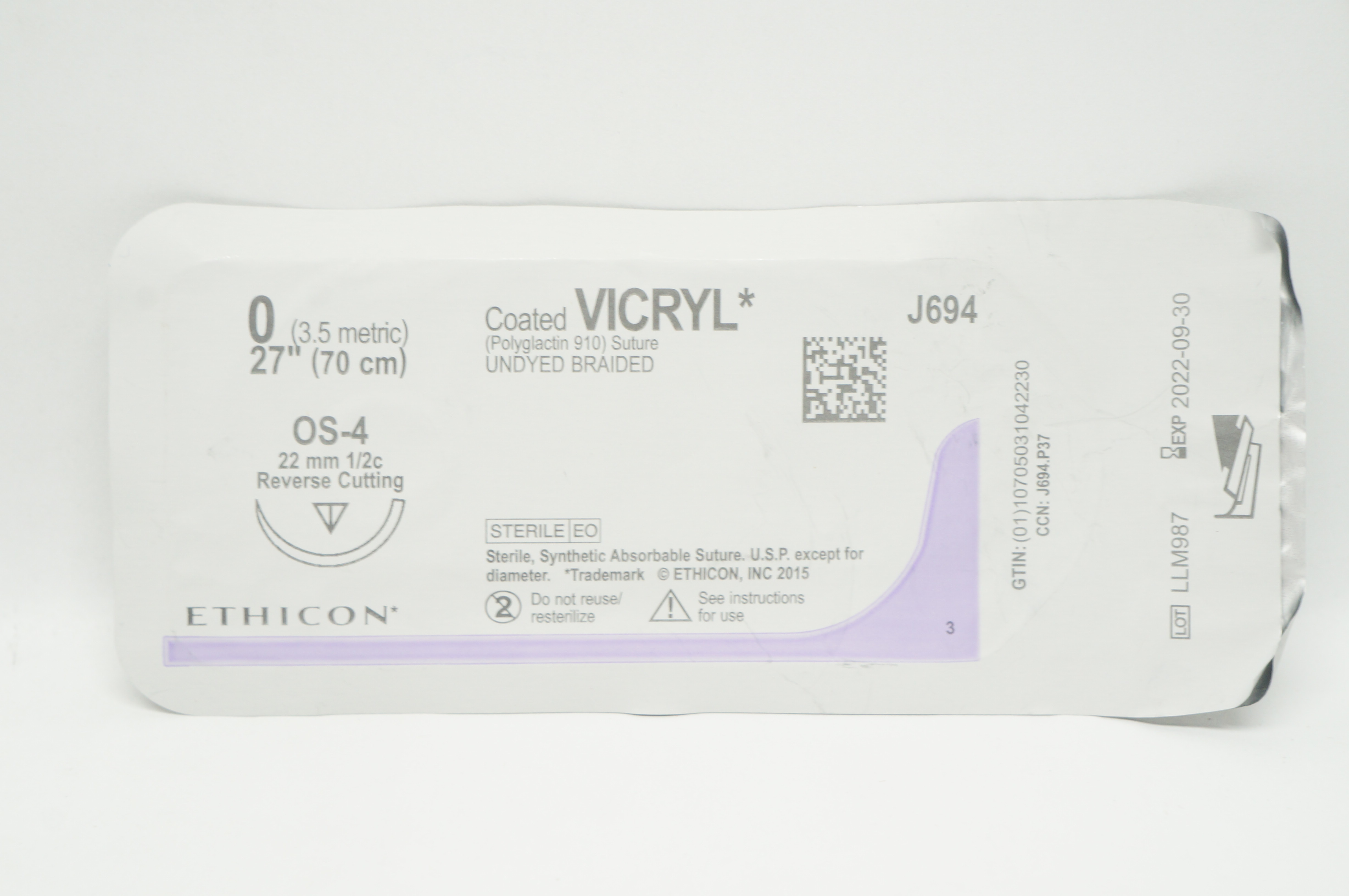 Ethicon J694 0 VICRYL OS-4 22mm 1/2c Reverse Cutting, 27inch