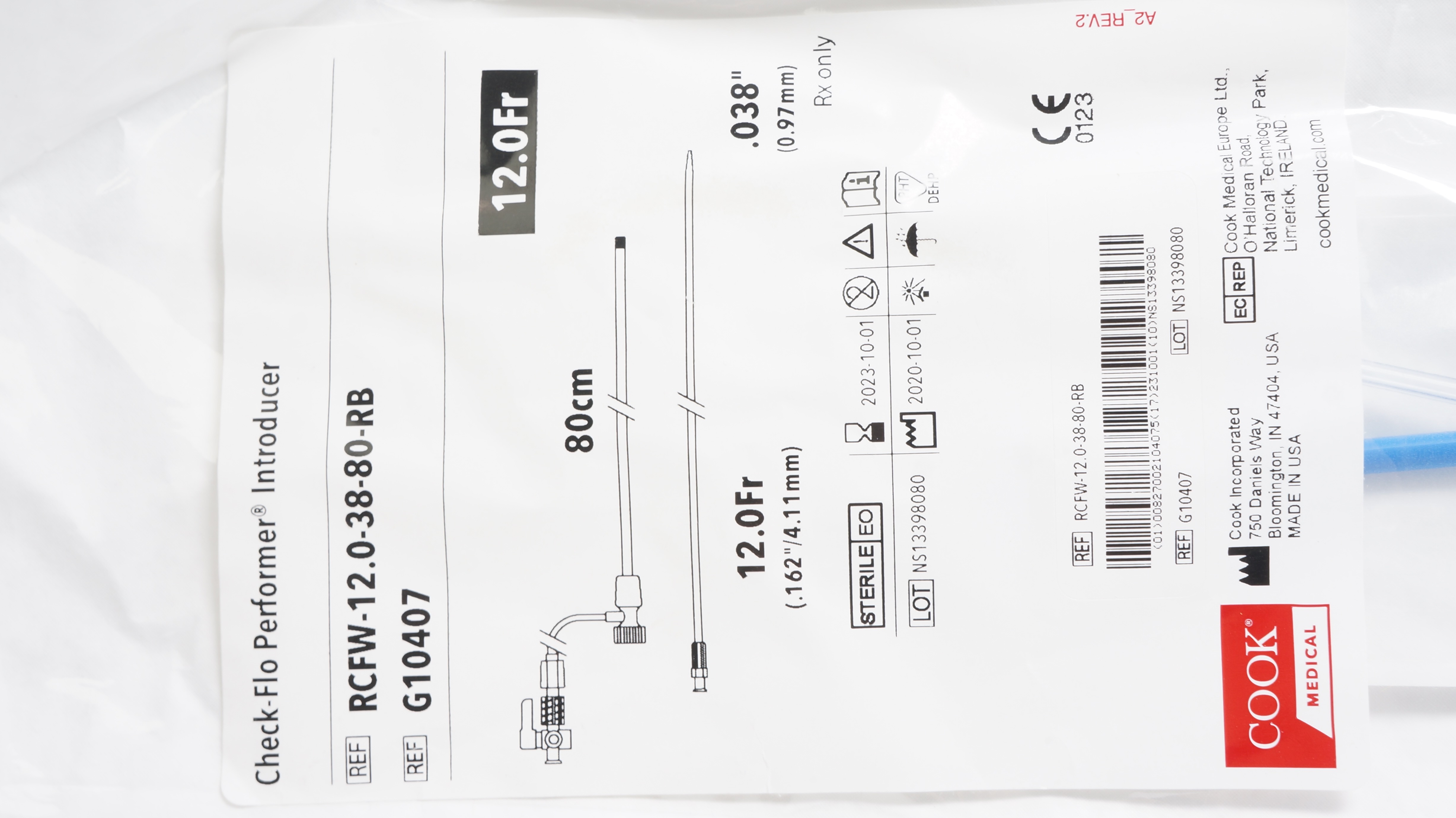 Cook Medical G10407 Check-Flo Performer Introducer 12.0Fr x 80cm x .038inch (x)