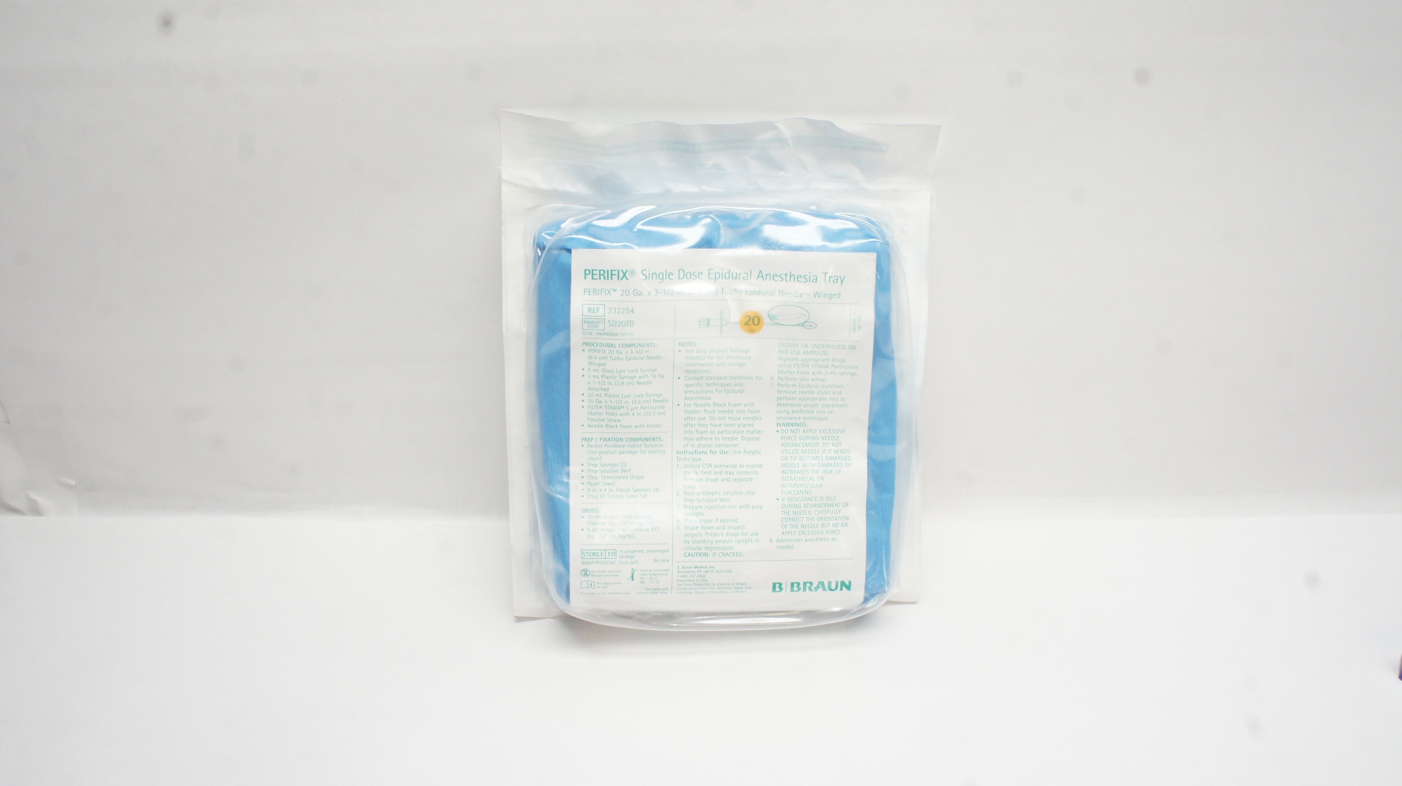 Braun 332254 Perifix Single Dose Epidural Anesthesia Tray 20Ga x 3-1/2inch Ndle