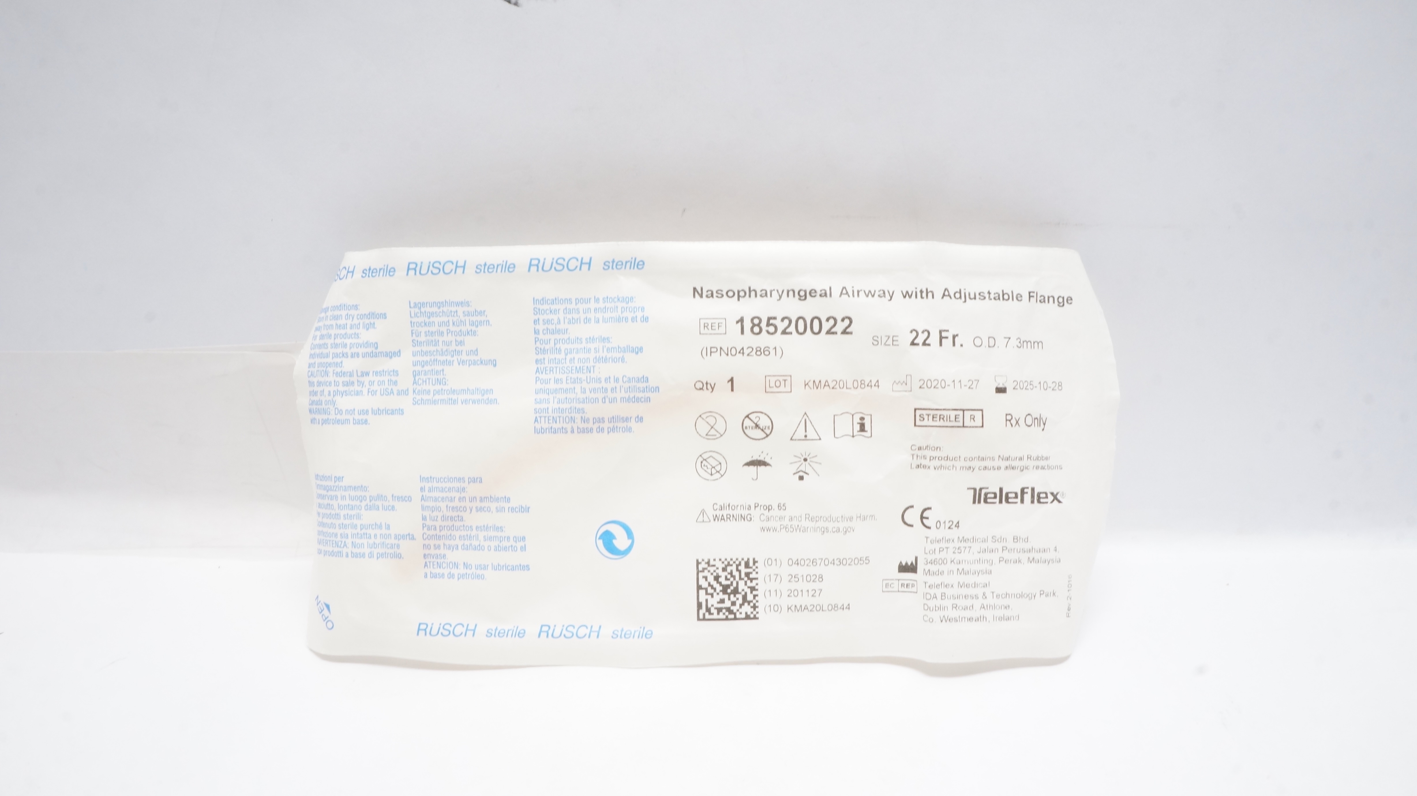 Teleflex 18520022 Rusch Nasopharyngeal Airway w/Adjustable Flange 22Frx7.3mm