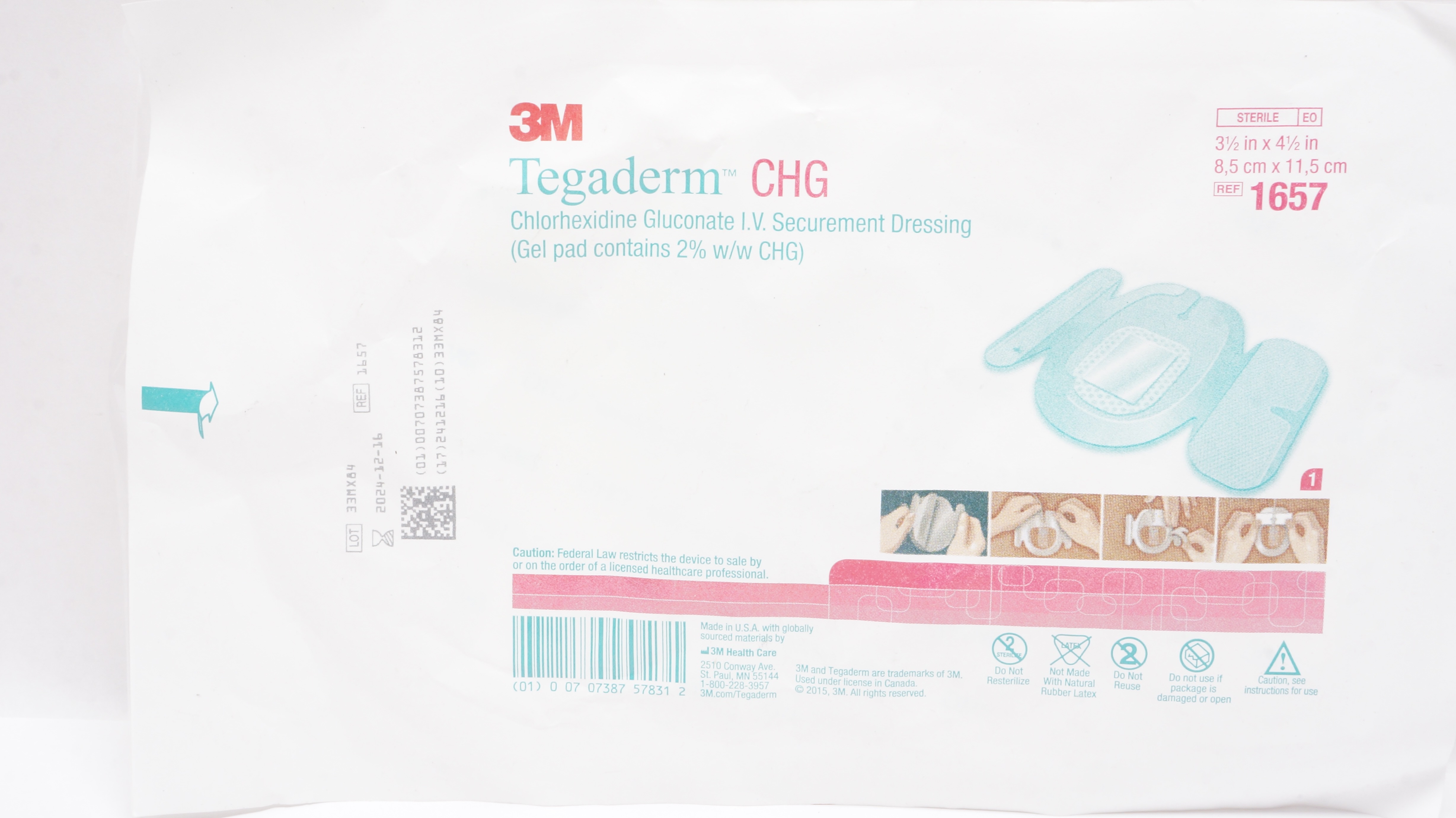 3M 1657 CHG Chlorhexidine Gluconate I.V. Securement Dressing 3-1/2 x 4-1/2inch