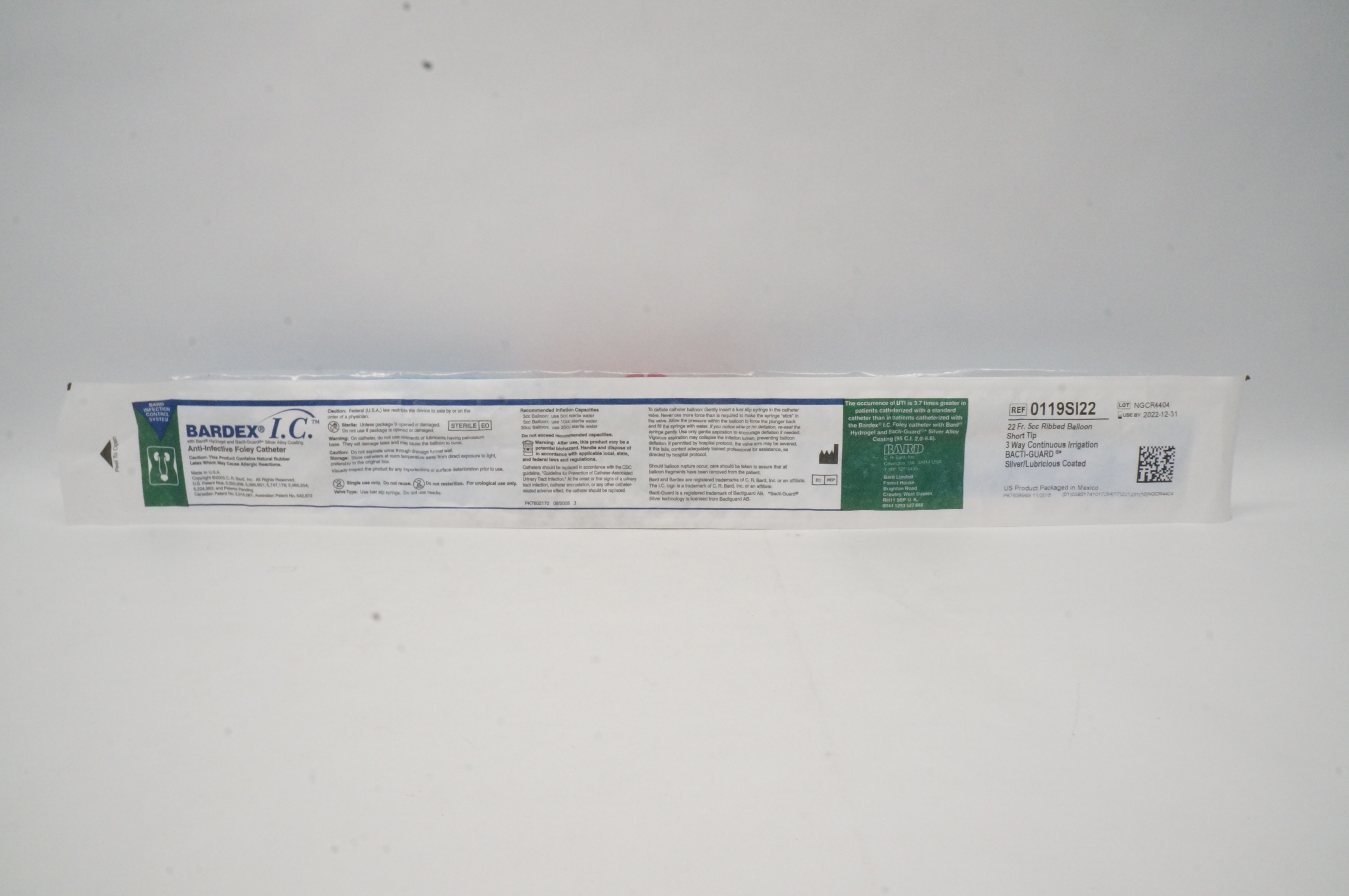 Bard 0119SI22 Bardex I.C. Anti-Infective Foley Cath. 22Fr 5cc Ribbed Balloon