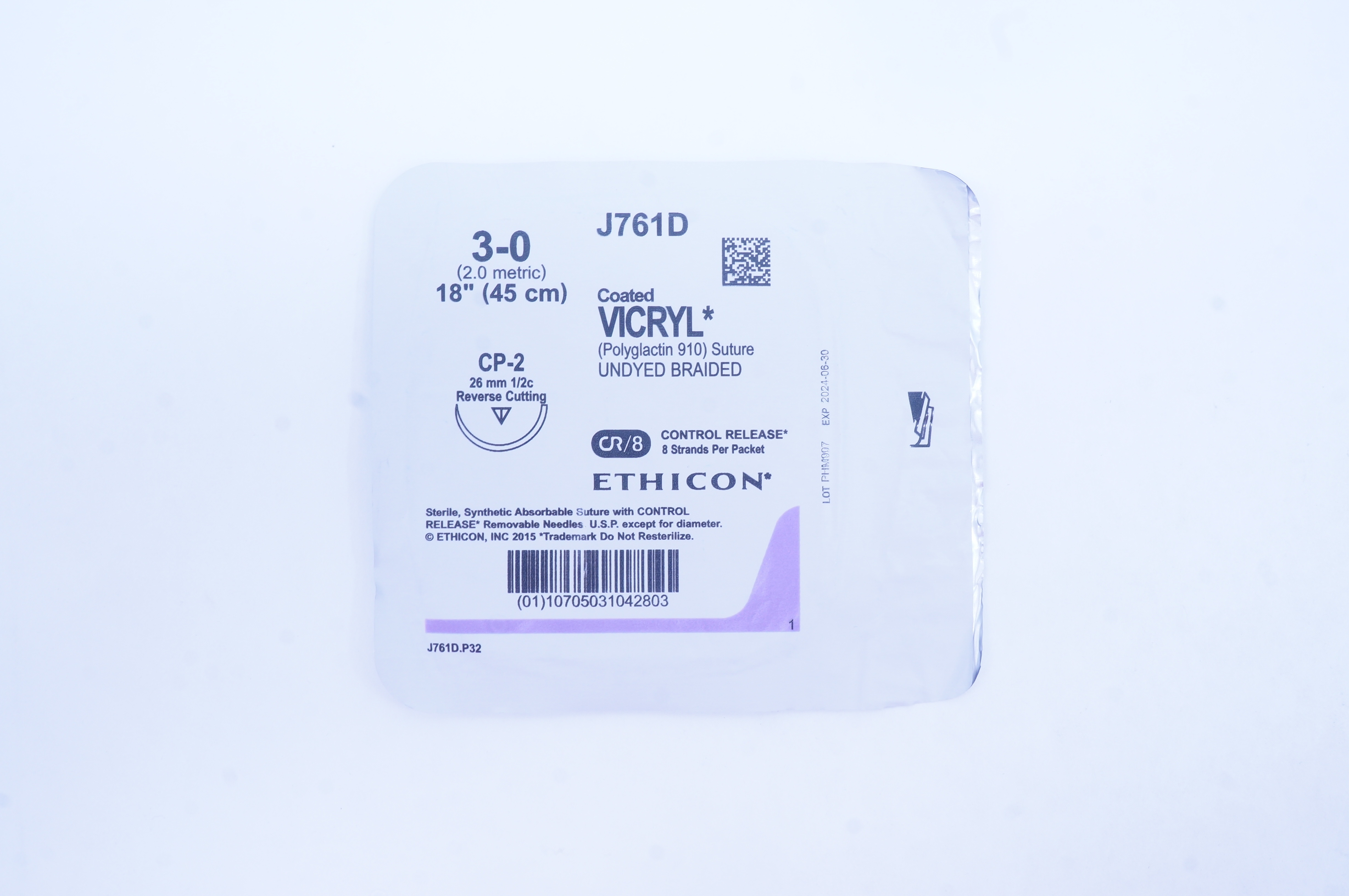 Ethicon J761D 3-0 Coated VICRYL CP-2 26mm 1/2c Reverse Cutting, 18inch