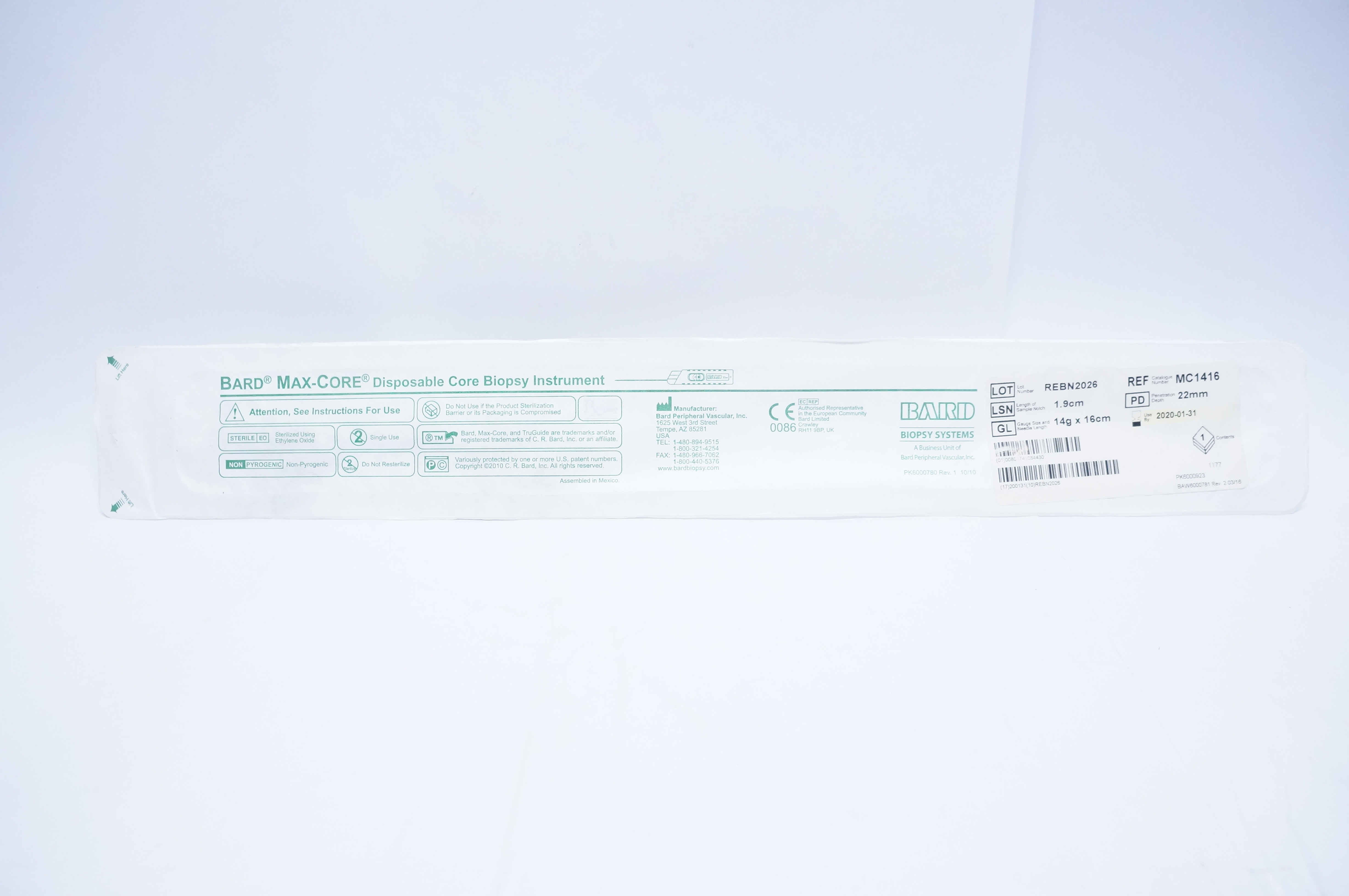 Bard MC1416 MAX-CORE Disposable Core Biopsy Instrument 14G x 16cm (x)