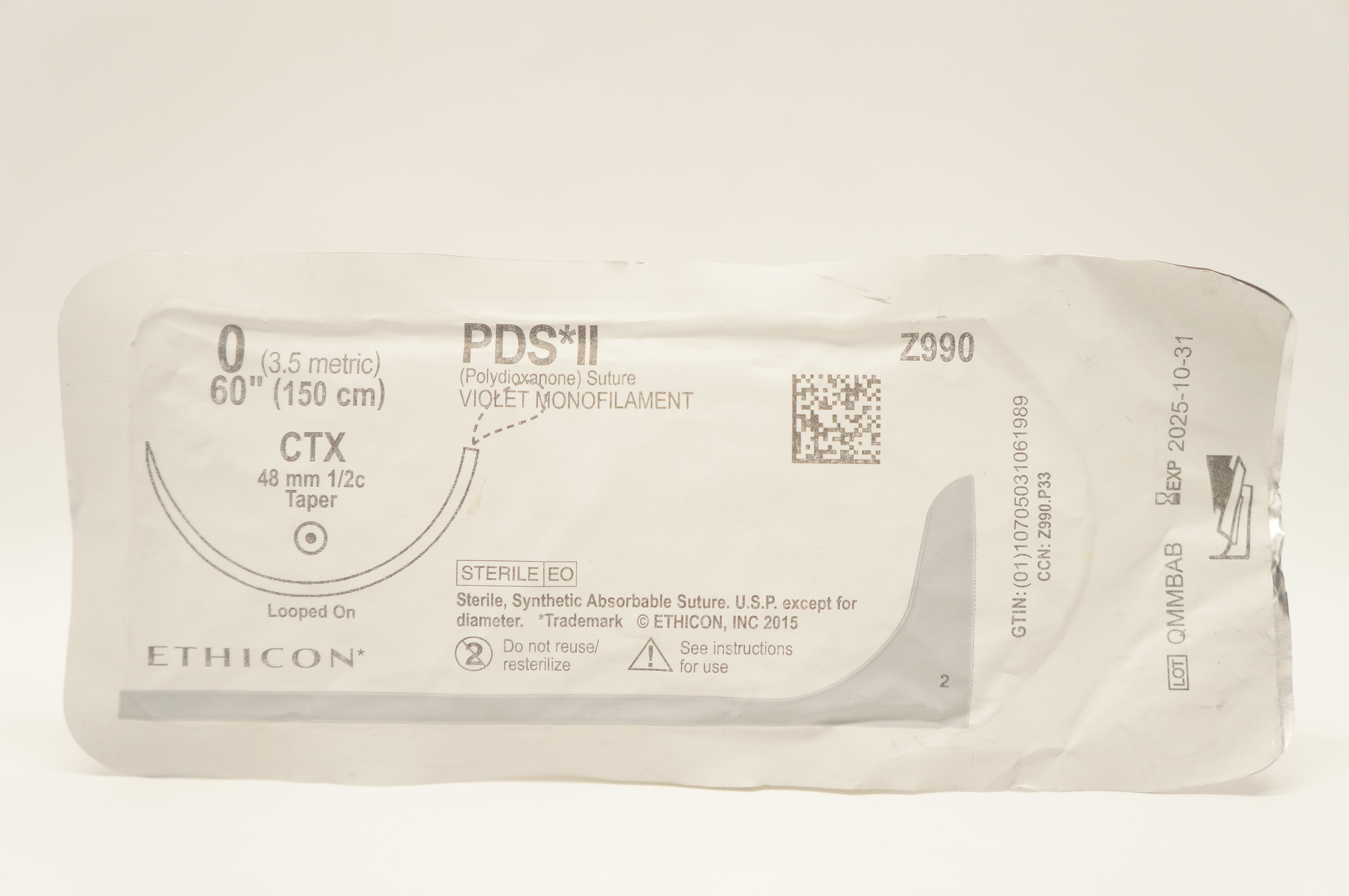 Ethicon Z990 0 PDS II Polydioxanone Stre CTX 48mm 1/2c Taper, 60inch