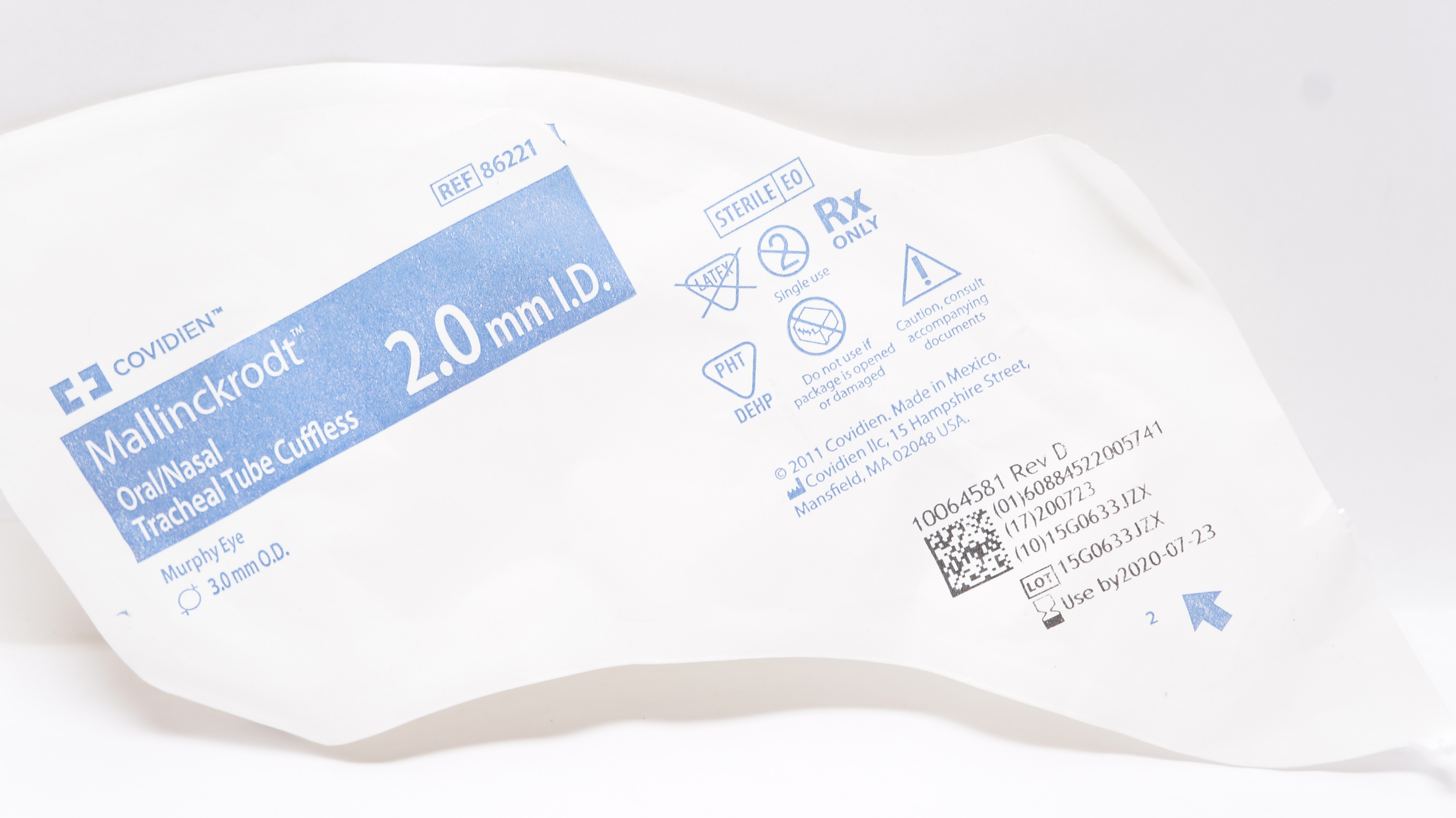 Covidien 86221 Mallinckrodt Oral/Nasal Tracheal Tube Cuffless 2.0ID x 3