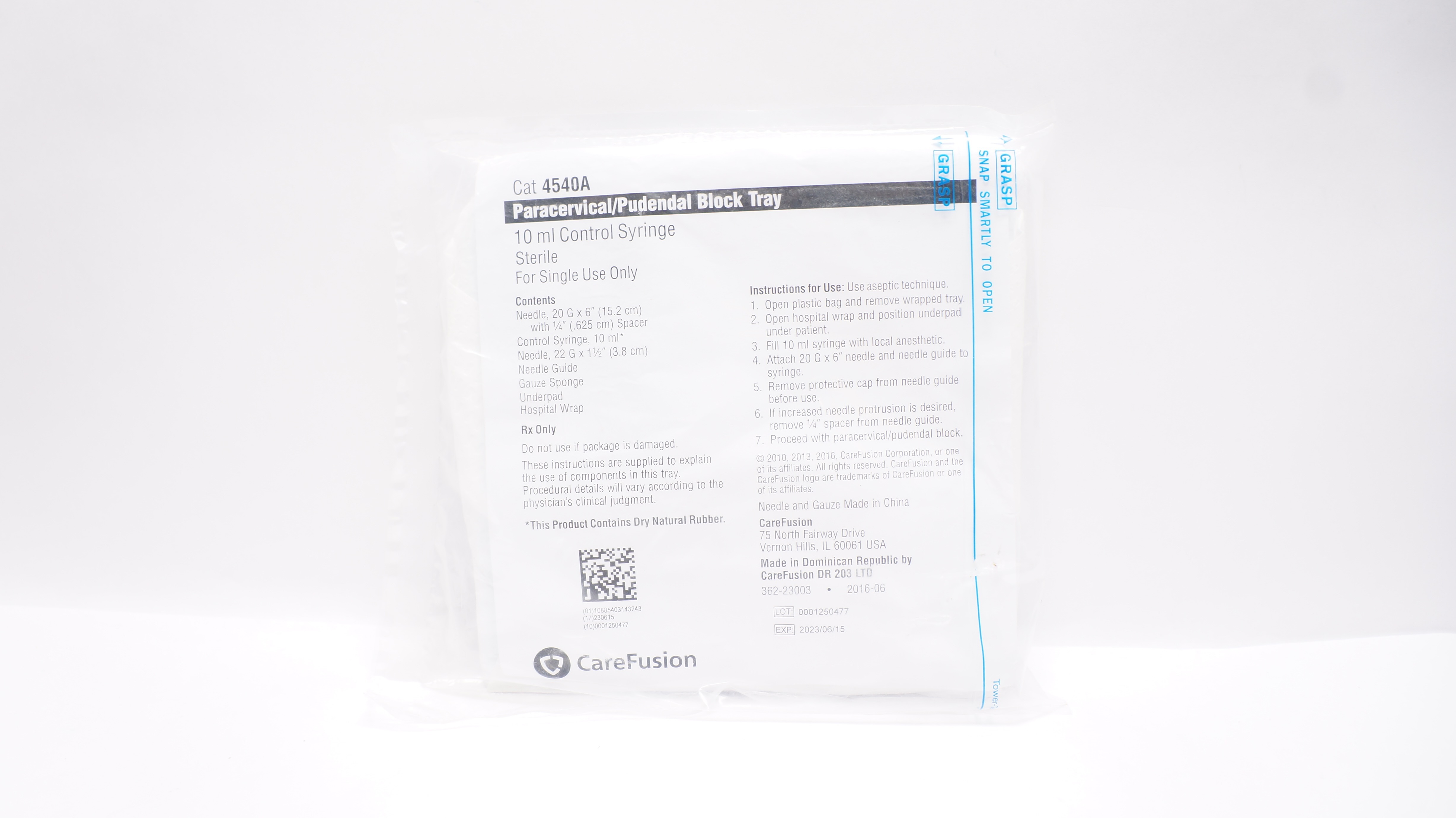 CareFusion 4540A Paracervical/Pudendal Block Tray 10ml Control Syringe (x)