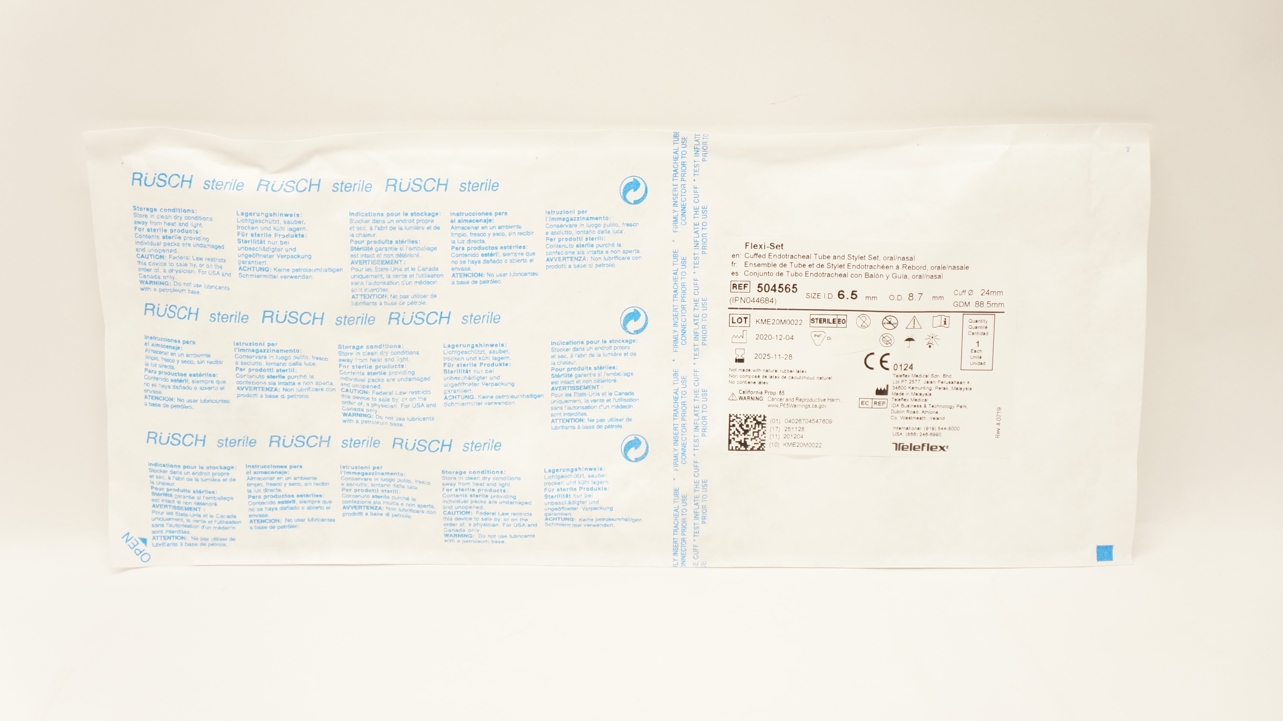 Teleflex 504565 Cuffed Endotracheal Tube Stylet Set 6.5 x 8.7 x 24mm