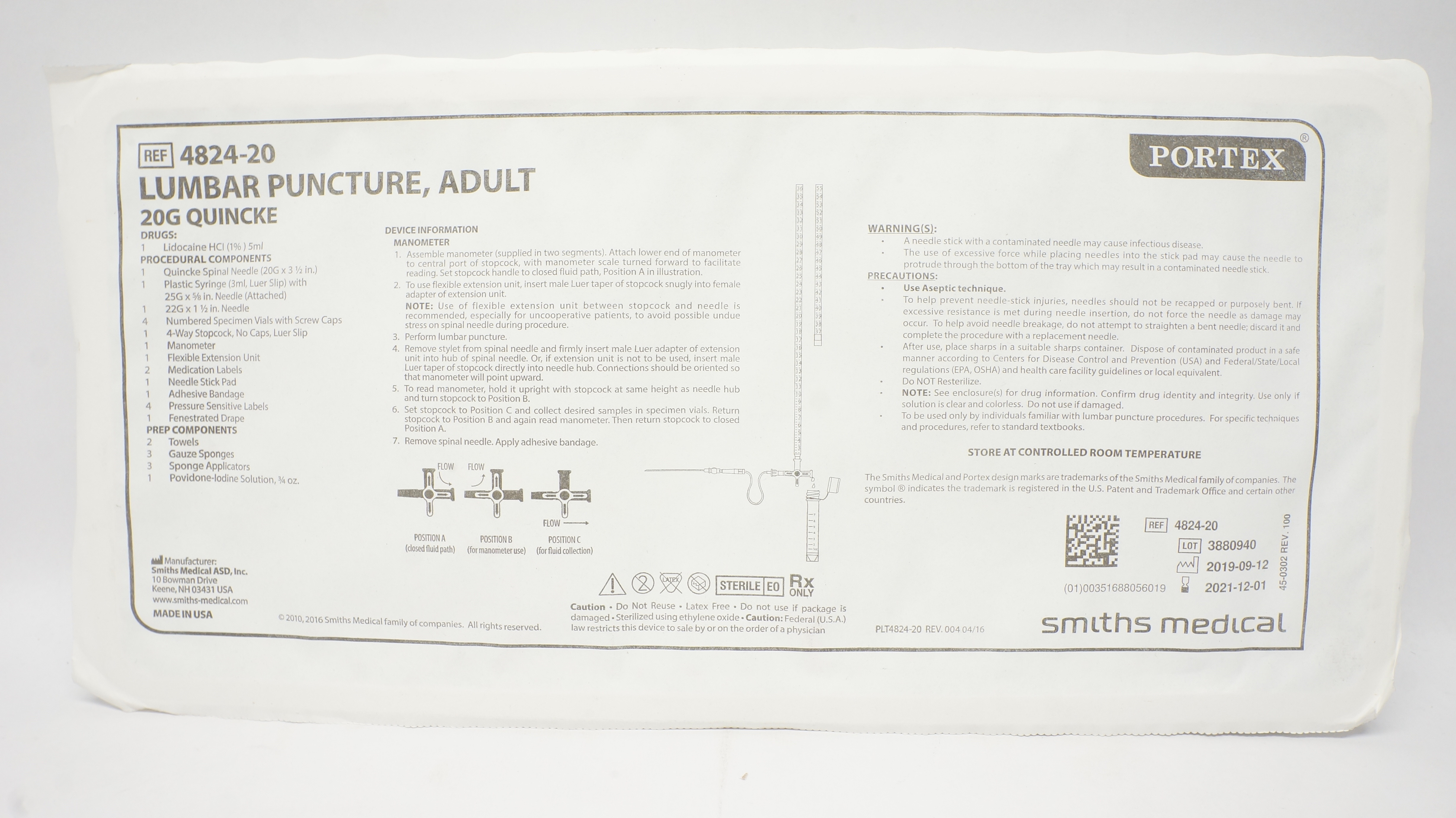 Smiths Medical 482420 Portex Adult Lumbar Puncture Ndle 20G x 3 1