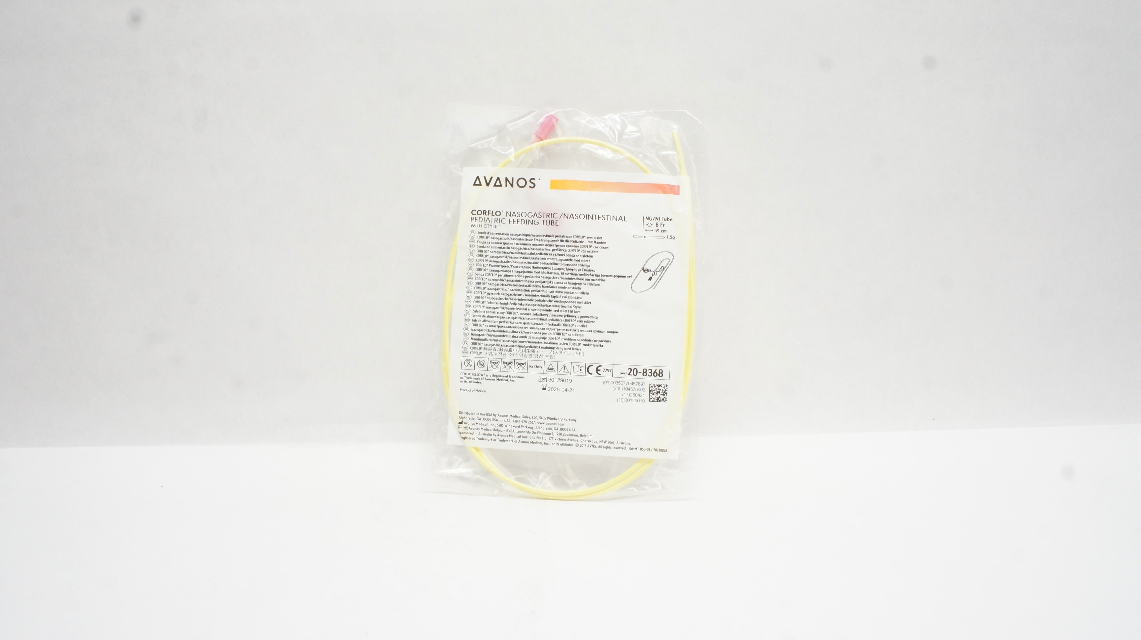 Avanos 20-8368 Corflo Nasogastric/Nasointestinal Pediatric Feeding Tube 8Frx91cm