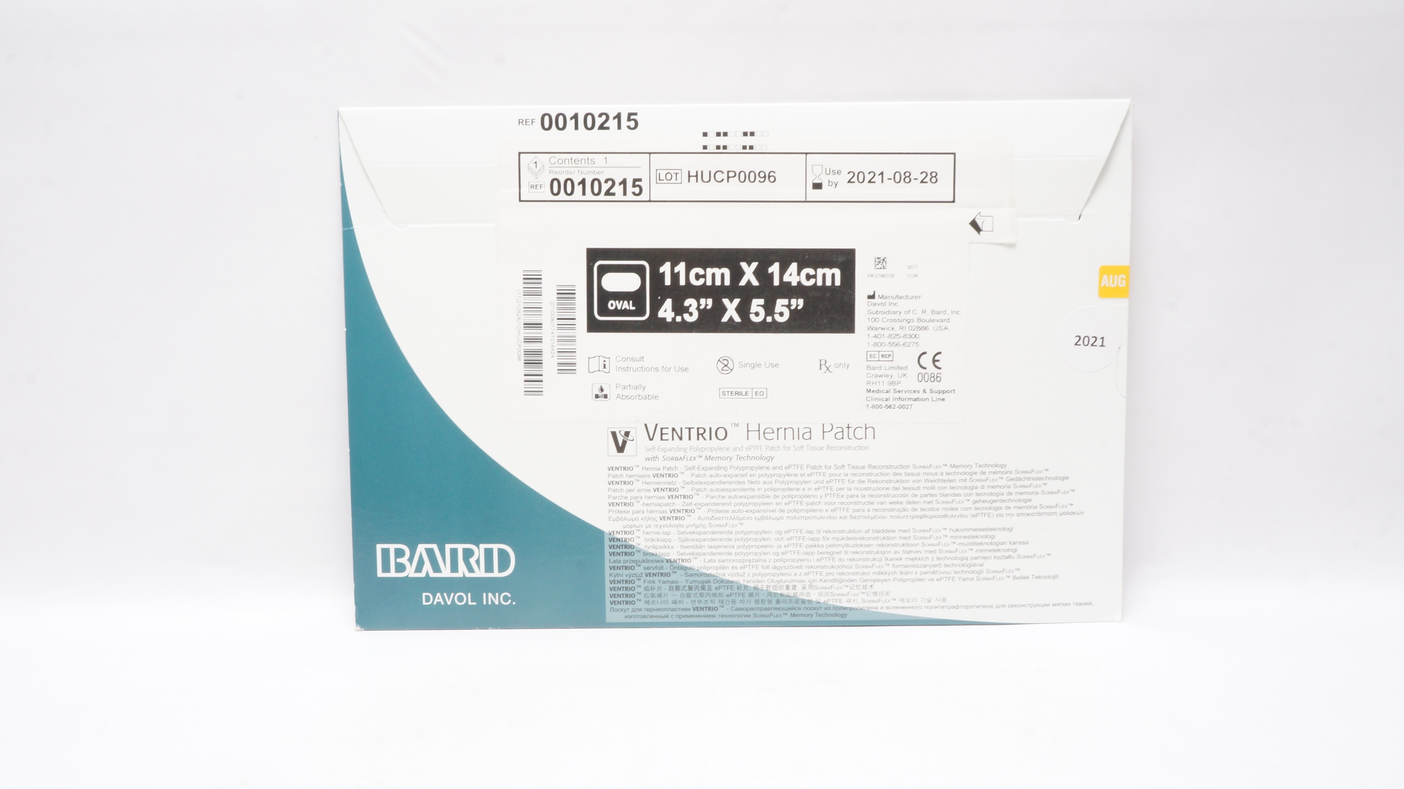Bard 0010215 Mesh Ventrio Polypropylene ePTFE Hernia Patch Oval 4.3 x 5