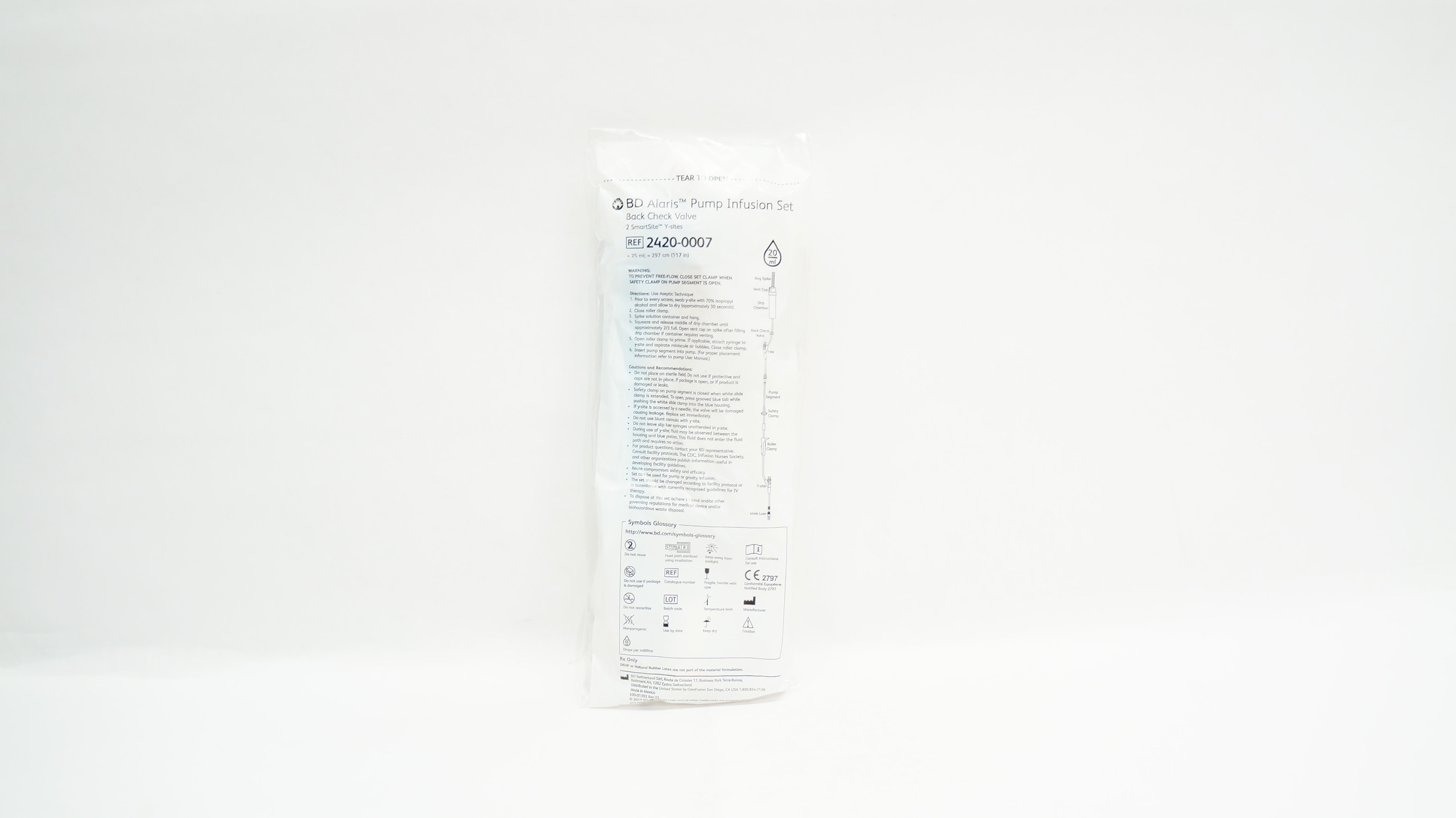 BD 2420-0007 Alaris Pump Infusion Set Back Check Valve 117inch x 25mL 20Drops/mL