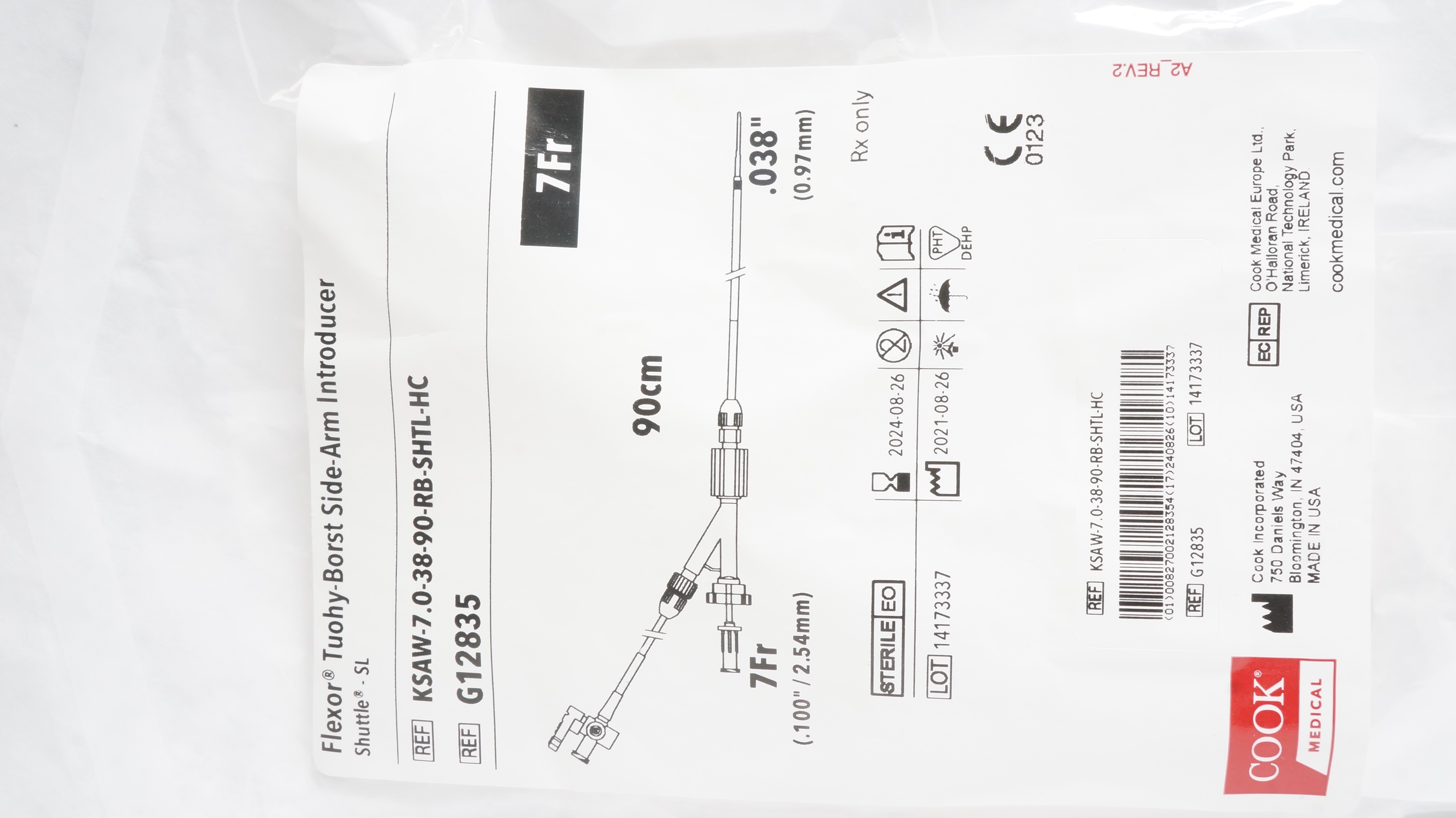 Cook Medical G12835 Flexor Tuohy-Borst Side-Arm Introducer Shuttle 7Fr x 90cm(x)