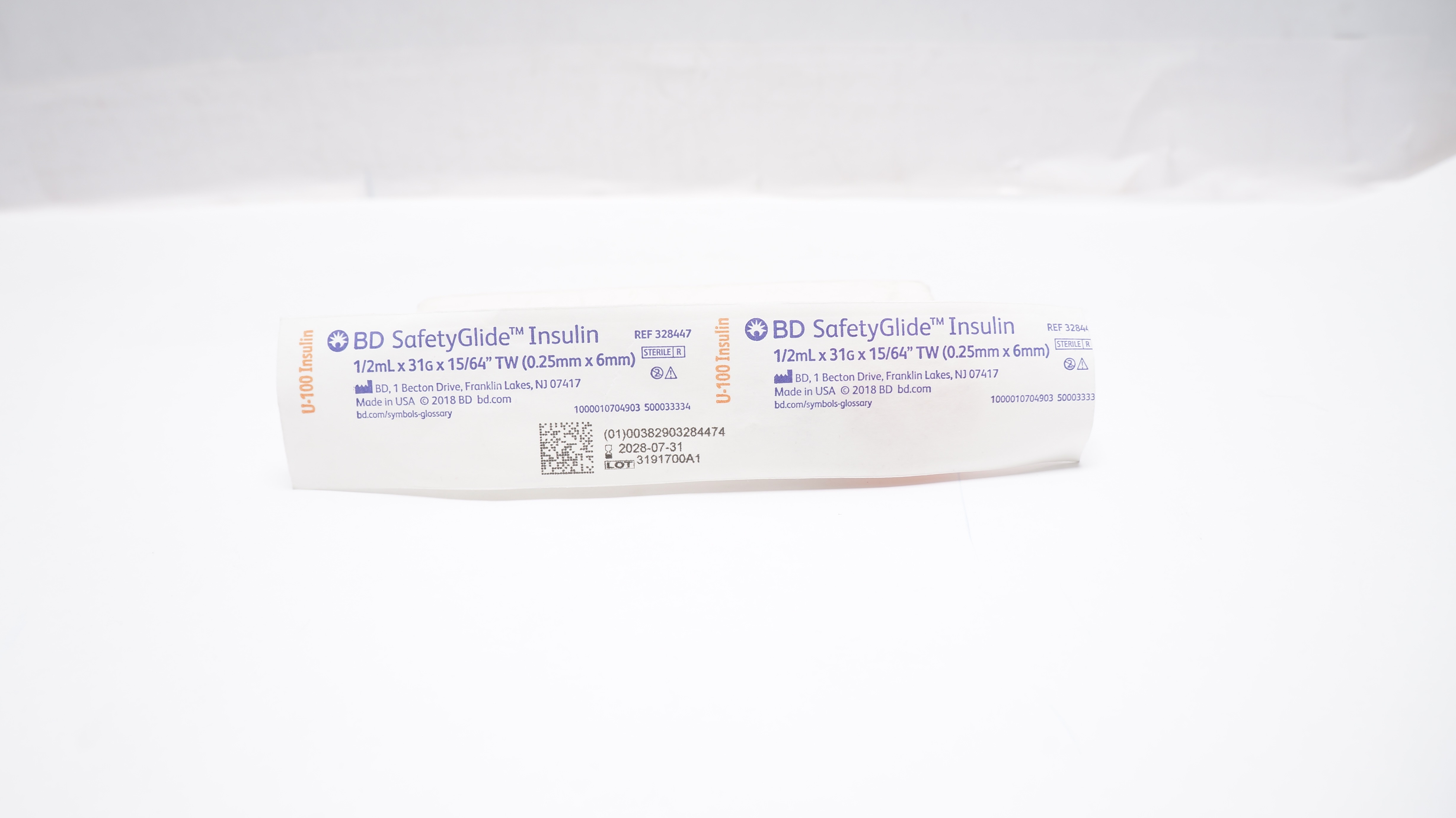 BD 328447 SafetyGlide U-100 Insulin Syringe 1/2mL x 31G x 15/64inch TW