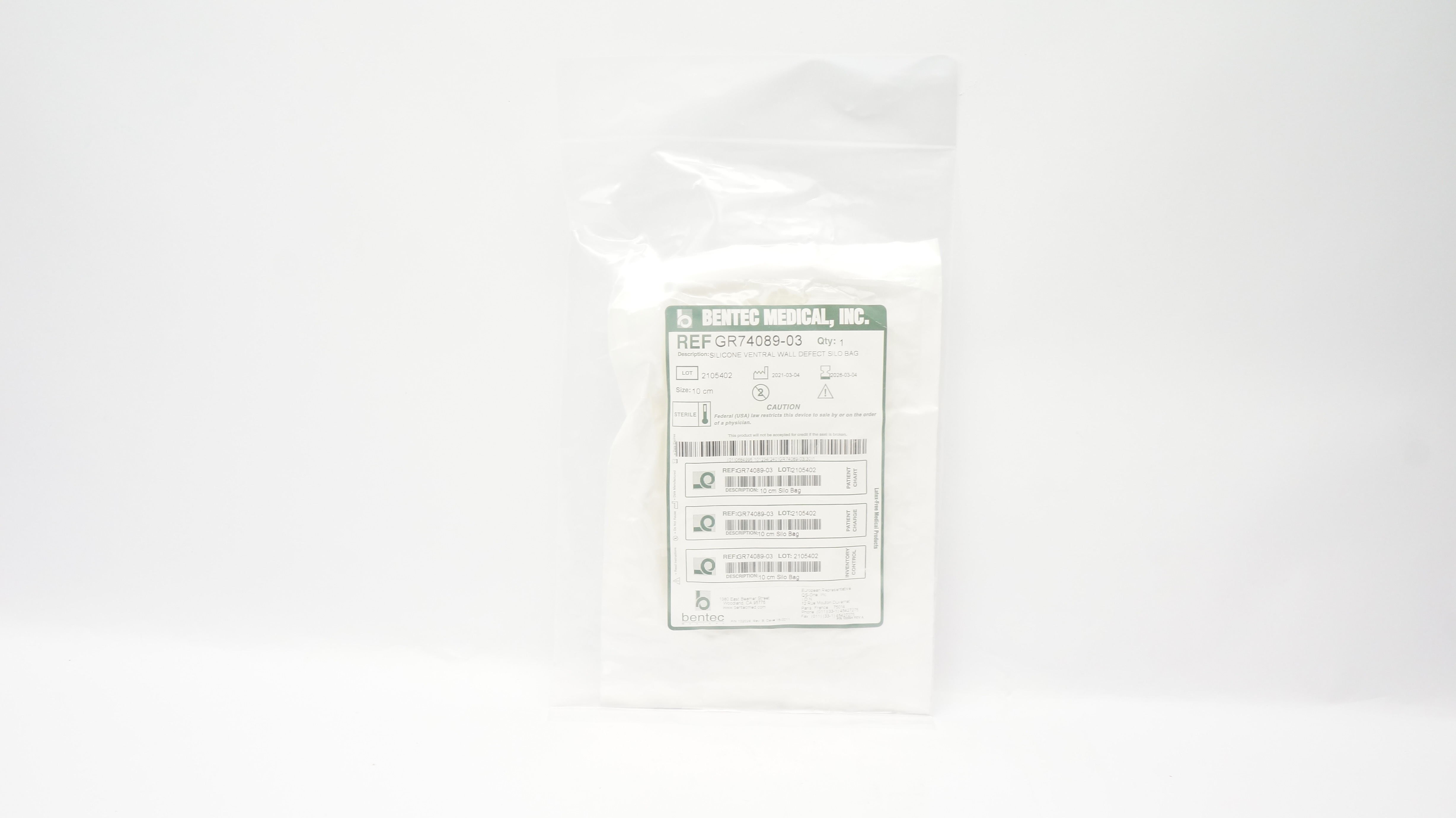 Bentec Medical GR74089-03 Silicone Ventral Wall Defect Silo Bag 10cm