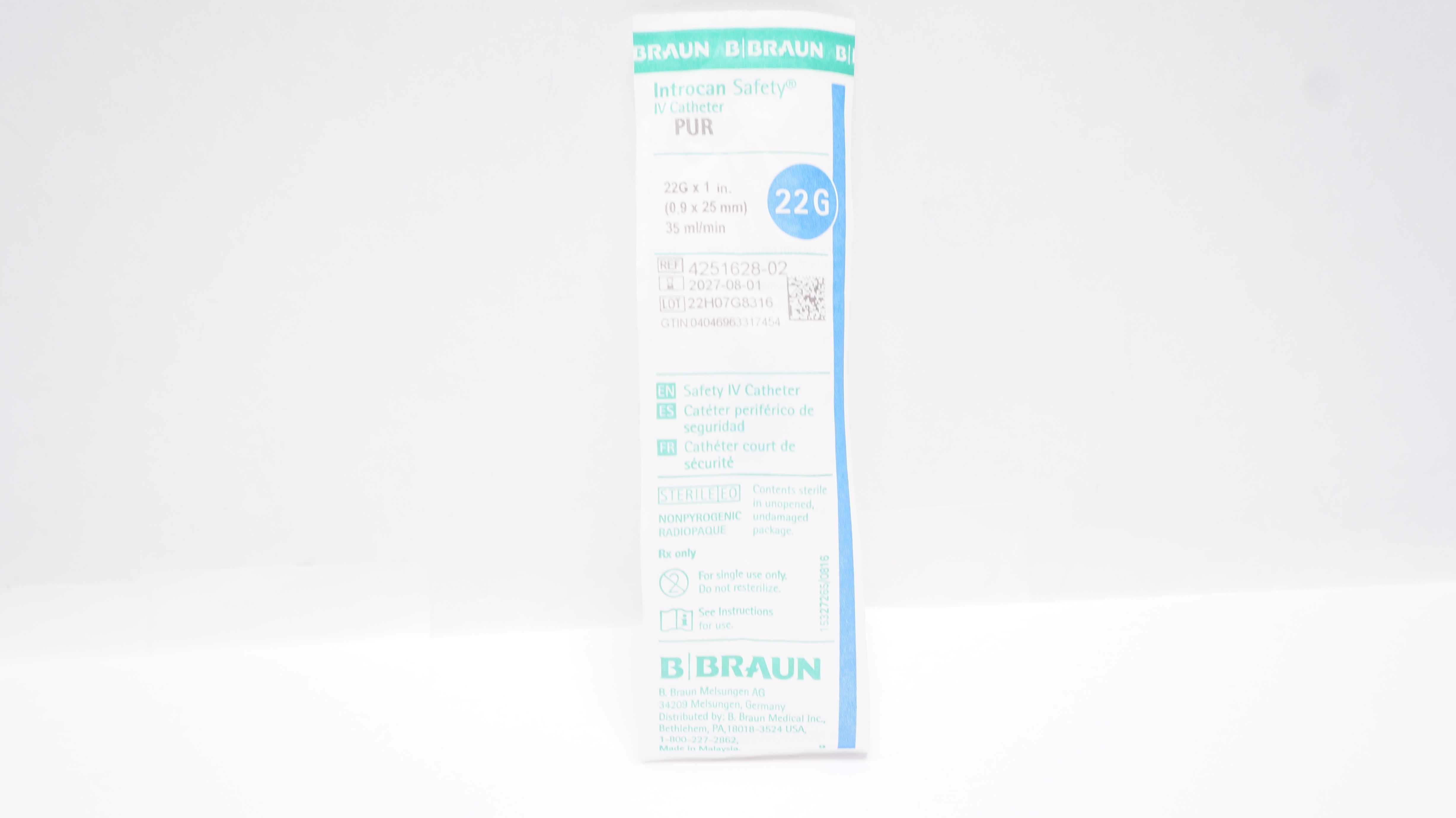 Braun 4251628-02 Introcan Safety IV Cath. PUR 22G x 1inch 35ml/min