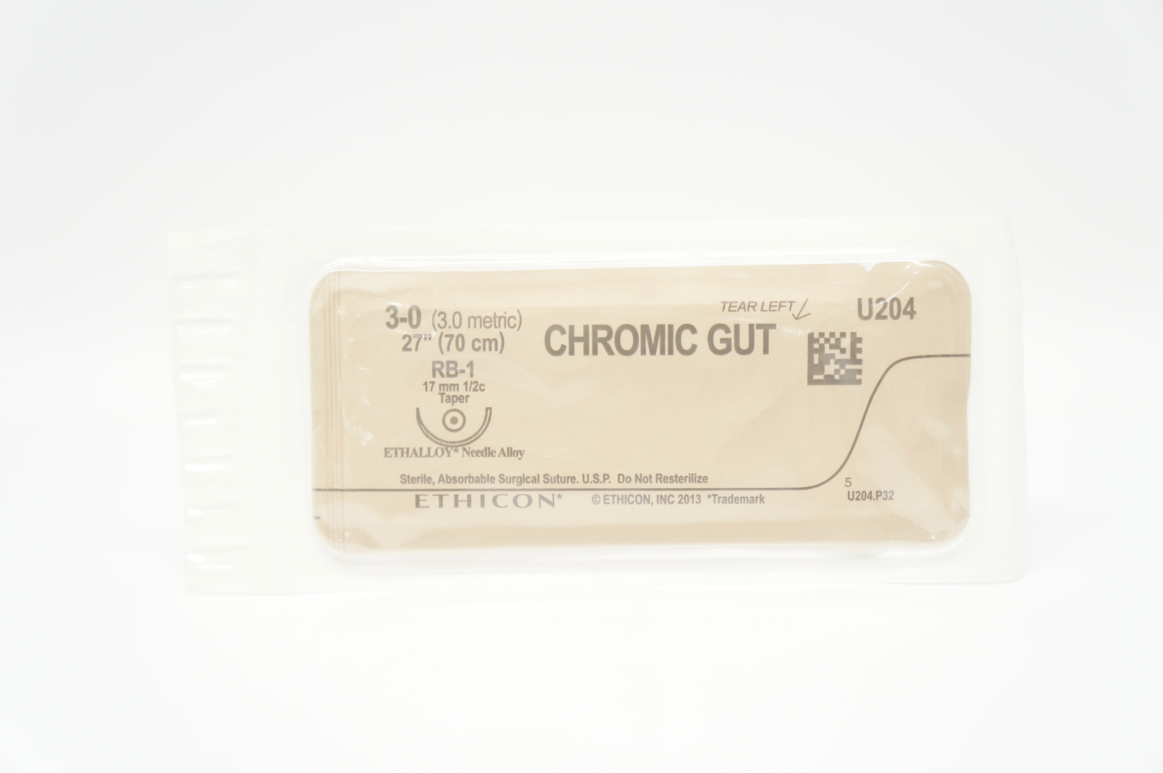 Ethicon U204 3-0 CHROMIC GUT, RB-1, 17mm 1/2c Taper, 27inch
